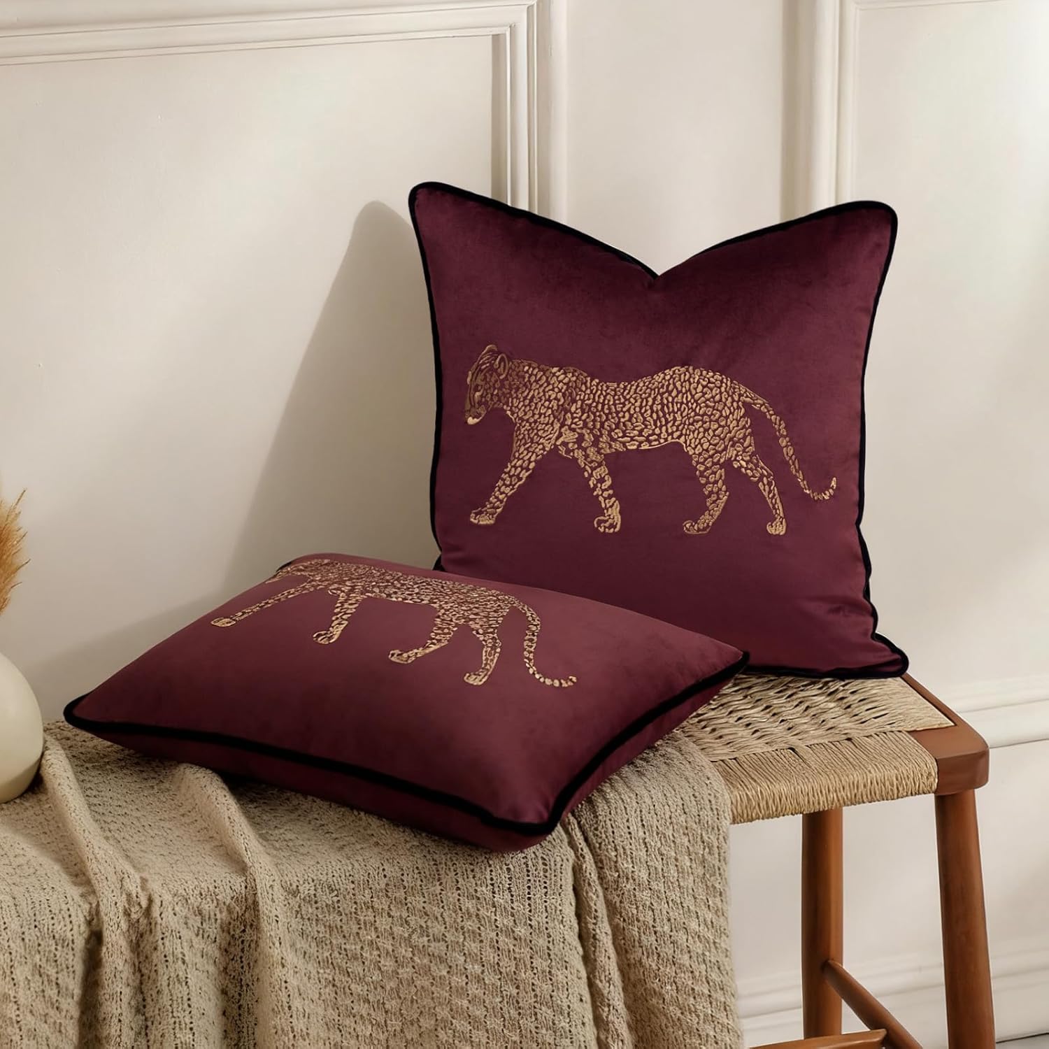 vctops Soft Velvet Embroidery Square Decorative Throw Pillow Covers Leopard Pattern Cushion Case for Sofa Bedroom Couch (Wine Red,18"x18")