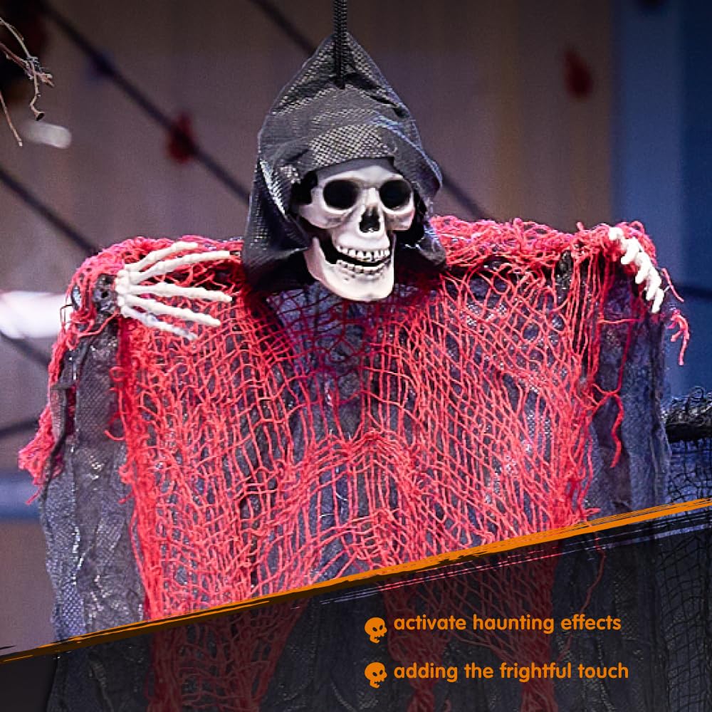 Halloween Magere Hein Skelet Buitendecoraties, Eng Elektrische Spraakbesturing Lichtgevende 9-Koppige Grote Hangende Spookrekwisieten, Grapspeelgoed Voor Halloween-Feestrekwisieten