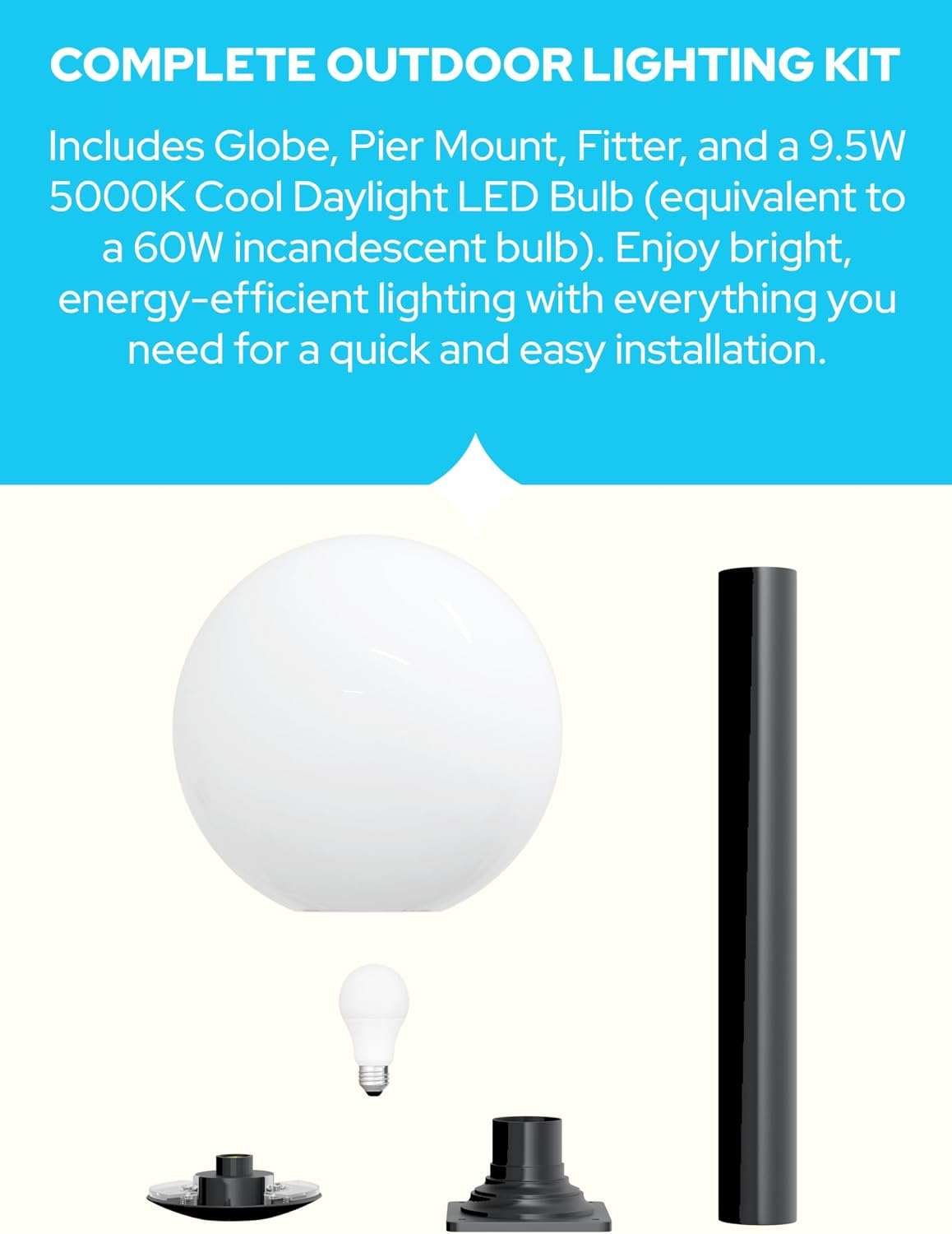 KASTLITE 16" Globe Pier Mount Outdoor Lighting with LED Lamp & 24" Stub Post | UV & Waterproof Pillar/Column Lights | Deck Driveway Yard Patio & Garden Fixture | Made in USA | White Cover, White Base