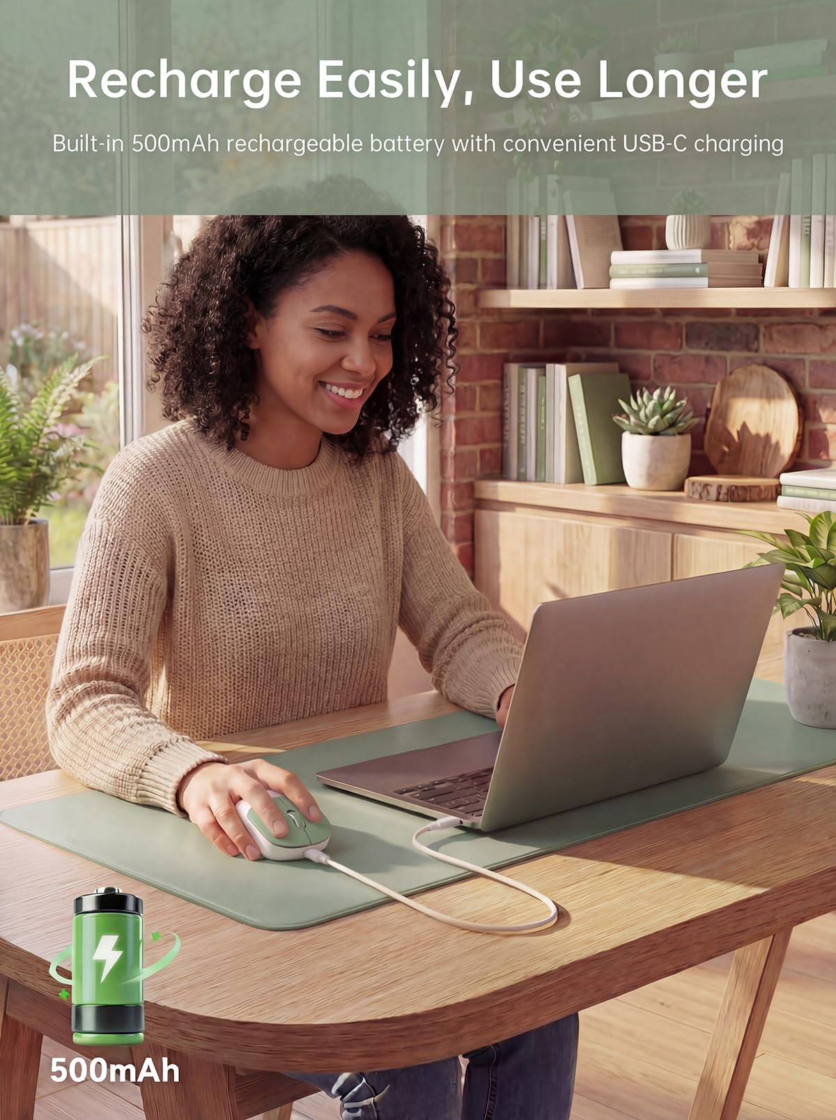 hunart H6 49g Wireless Mouse, Bluetooth & 2.4GHz Rechargeable Mouse, Lightweight Silent Ergonomic Mouse with USB-C Charging, Portable Right-Hand Office Mouse for Laptop, PC, MacBook, Tablet - Green - 5