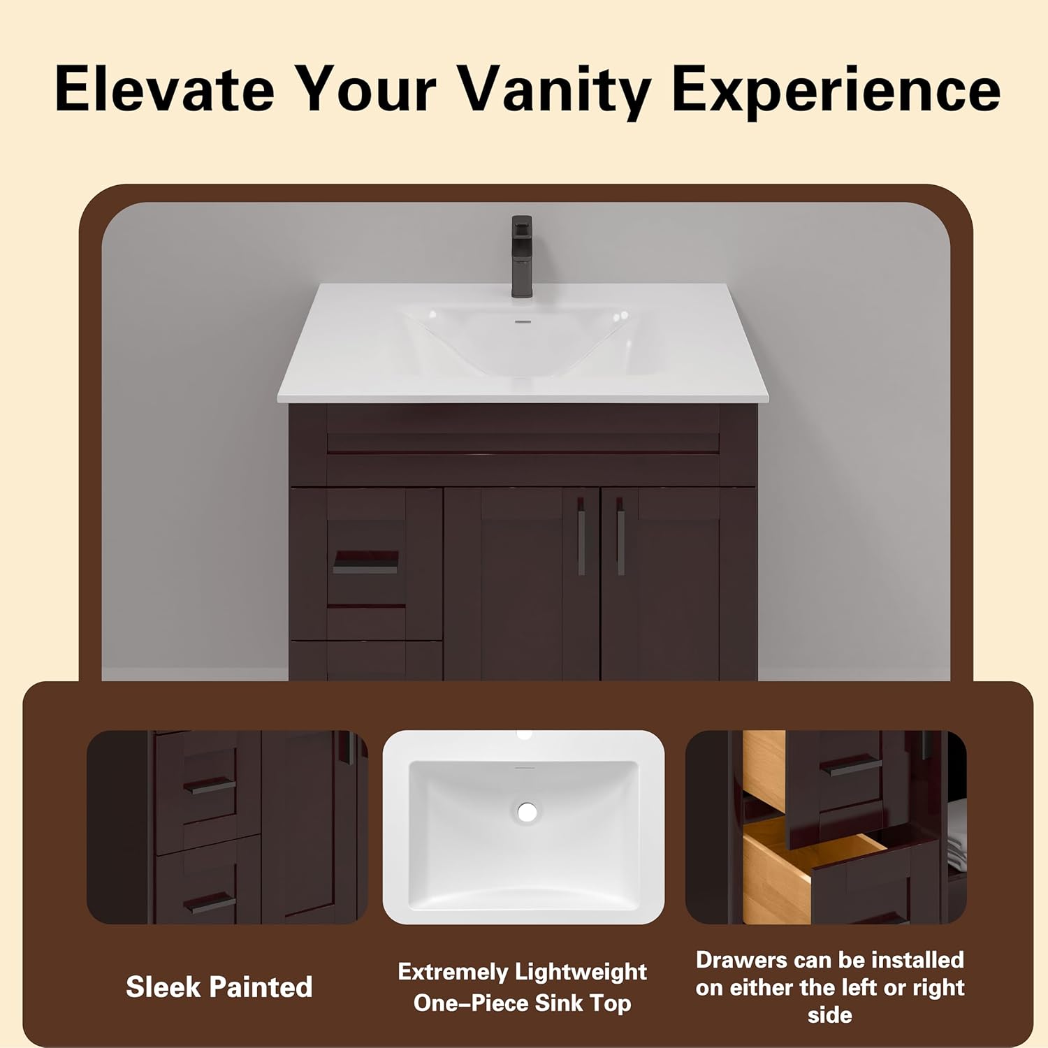 36" Espresso Shaker Bathroom Vanity with Sink – Solid Surface One-Piece Top, Soft-Close Drawers and Doors, Polyurethane Nano Resin Sink, Pre-Drilled Faucet Hole, Modern Bath Vanity Cabinet Set