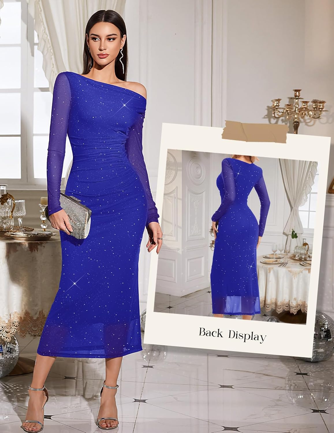 HomRain Women's Sparkly Mesh Maxi Summer Dress Long Sleeve Bodycon Dresses for Wedding Guest Outfit - Image 3