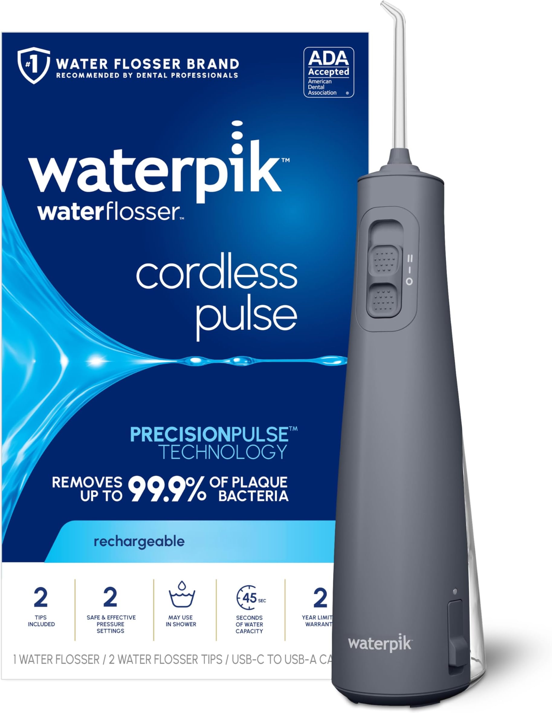 Cordless Pulse Rechargeable Portable Water Flosser for Teeth, Gums, Braces Care and Travel with 2 Flossing Tips, Waterproof, ADA Accepted, WF-20 Gray, Packaging May Vary