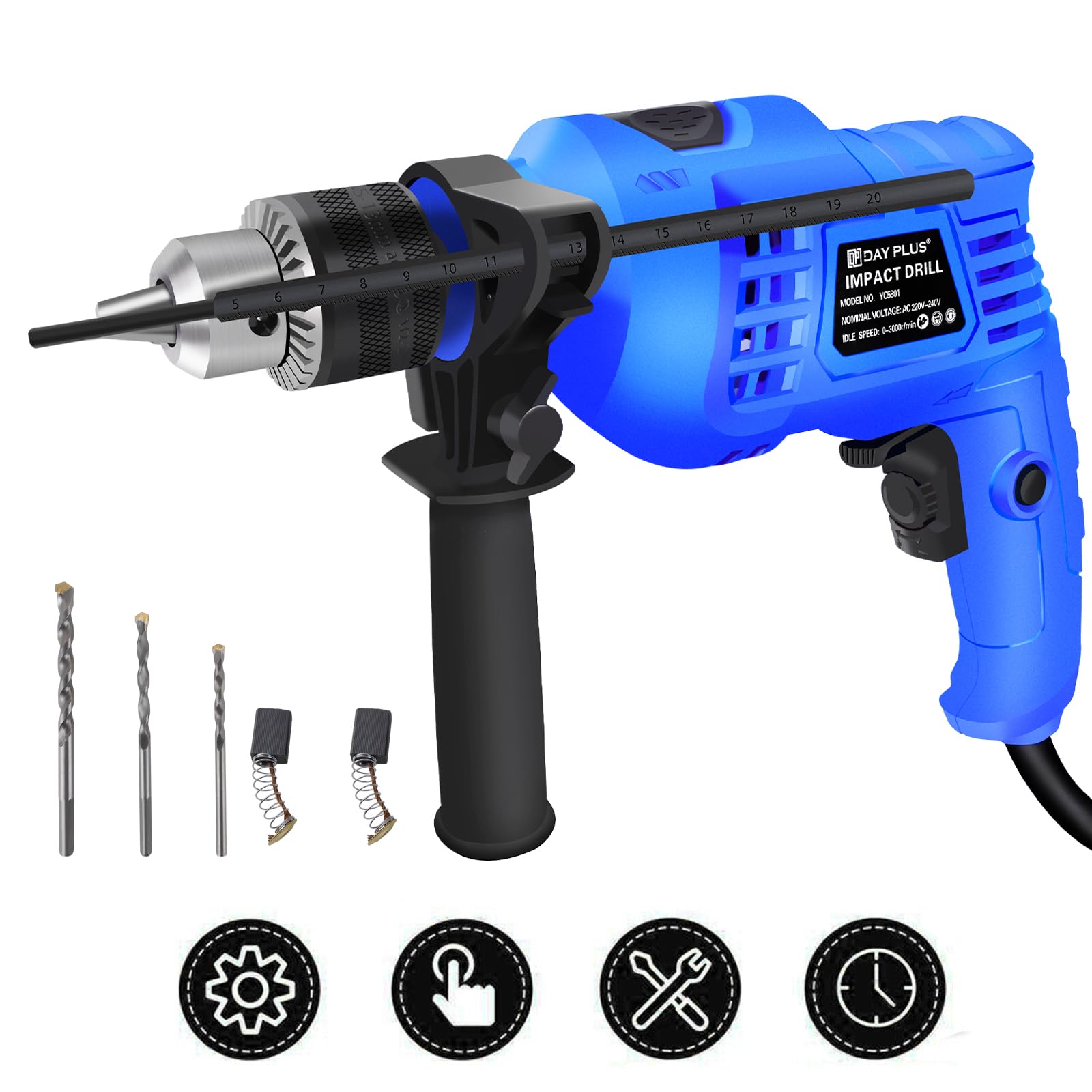 Briefness Hammer Drill, 850W Impact Drill, Hammer And Drill 2-In-1 Electric Drill, 3000Rpm, 13Mm Metal Chuck, Variable-Speed, 360° Rotating Handle, For Drilling Steel Masonry Concrete