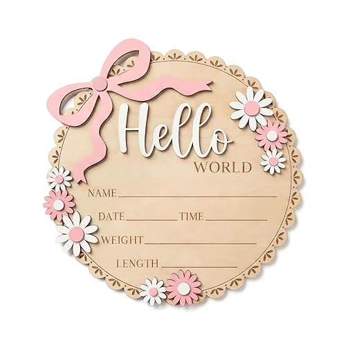 Baby Announcement Sign, 6.2 in Wooden Hello World Newborn Sign