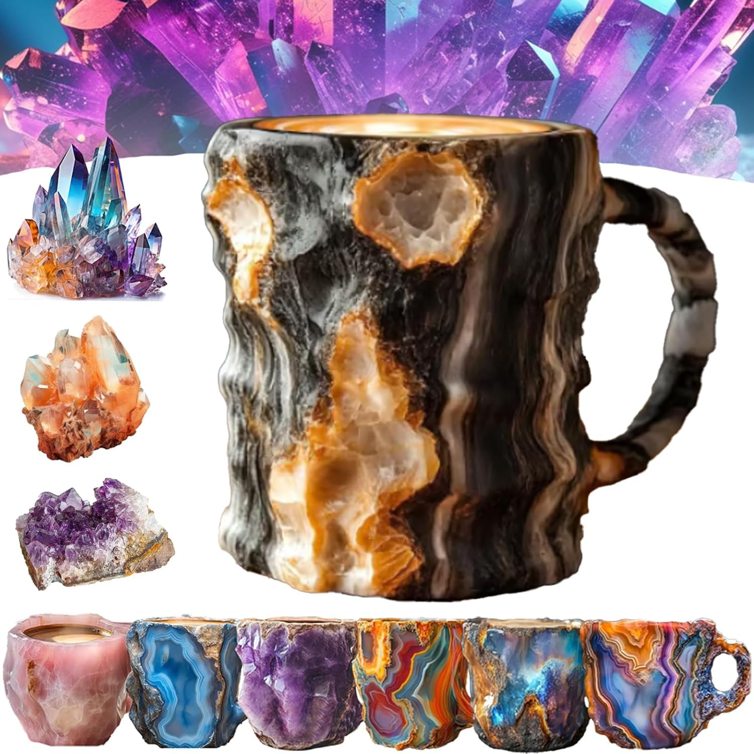 Mineral Crystal Coffee Mugs, 2024 New Multi-Colored Mineral Crystal Coffee Mug, Natural Mineral Crystal Coffee Mug, Colorful Crystal Christmas Mugs, Elegant Christmas Gift for Home Office (Colorful-C)