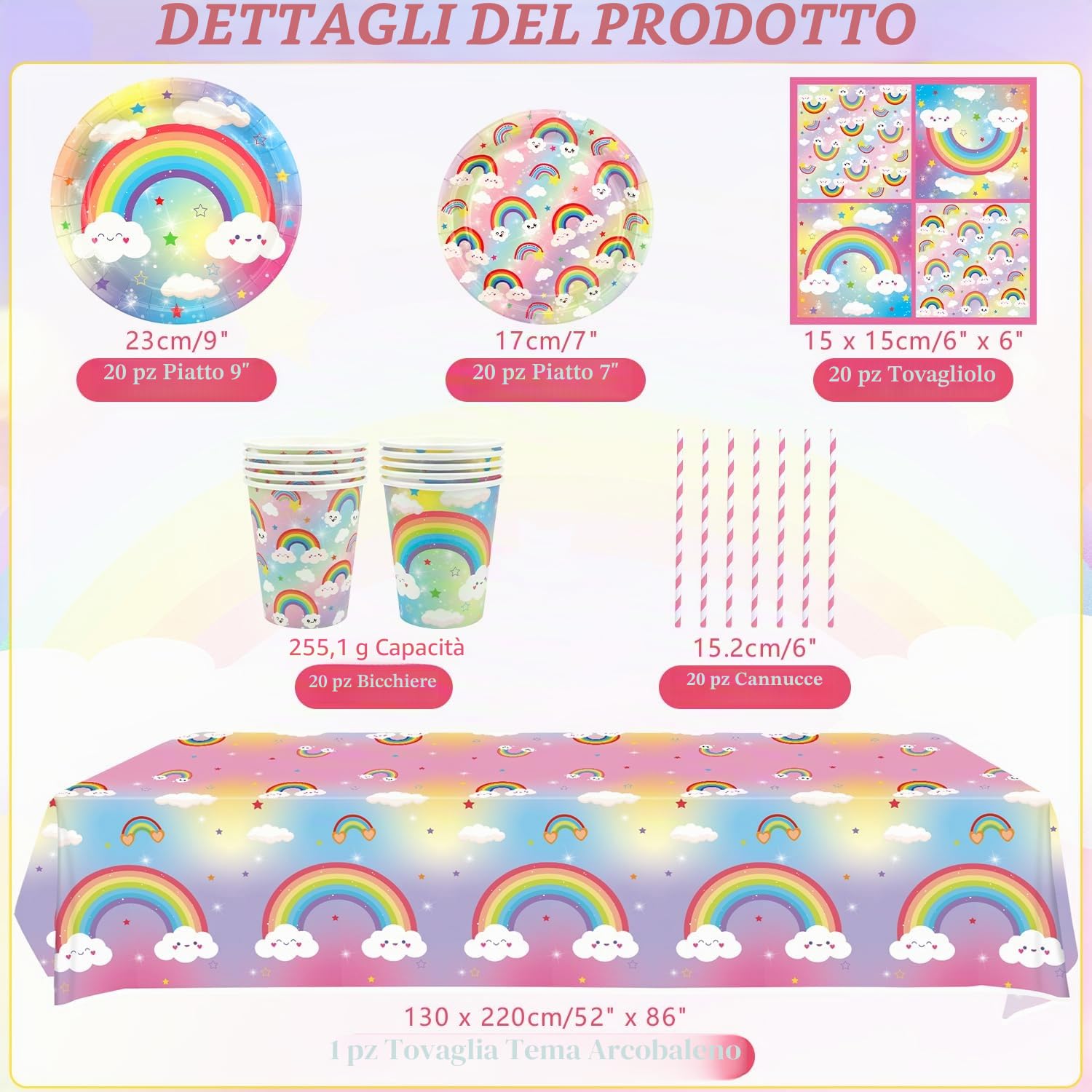 Confetti Arcobaleno per Festa - Set di Decorazioni per Compleanno con Piatti, Tazze, Tovaglioli, Tovaglia, Cannucce - Serve per 20