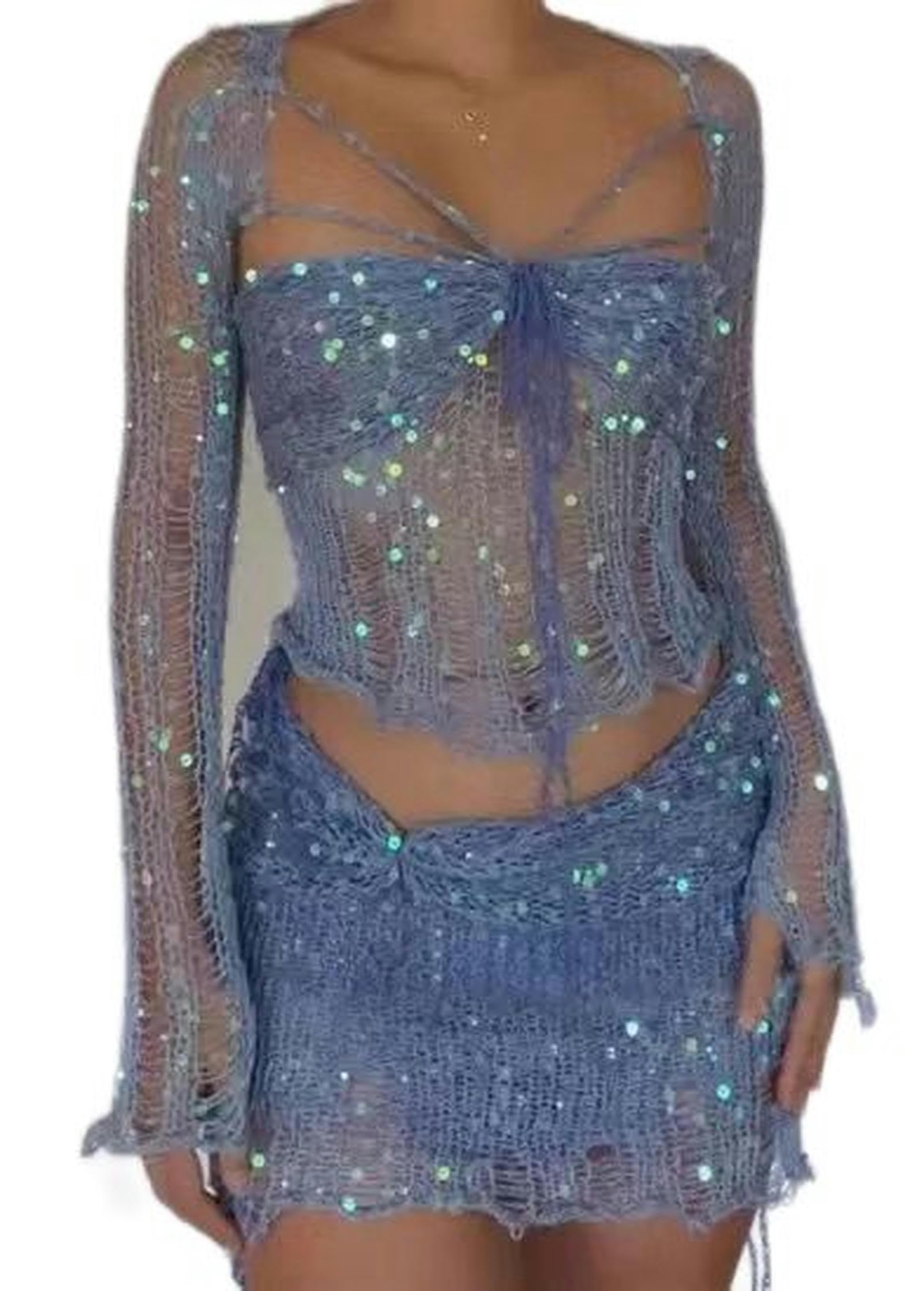 Vêtements européens et américains 2023 Nouveau Pull tricoté à Paillettes Costume Trois pièces-Rose-M