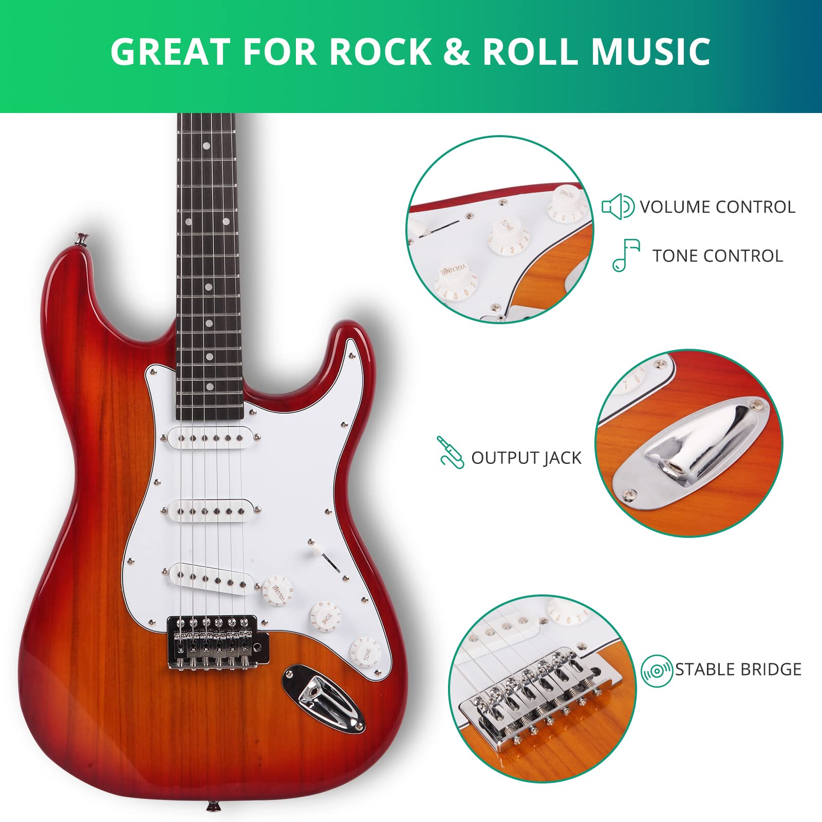 Ktaxon Chitarra elettrica da 99 cm, kit per principianti con corpo solido, con custodia, tracolla, barra tremolo e plettri (rosso tramonto)