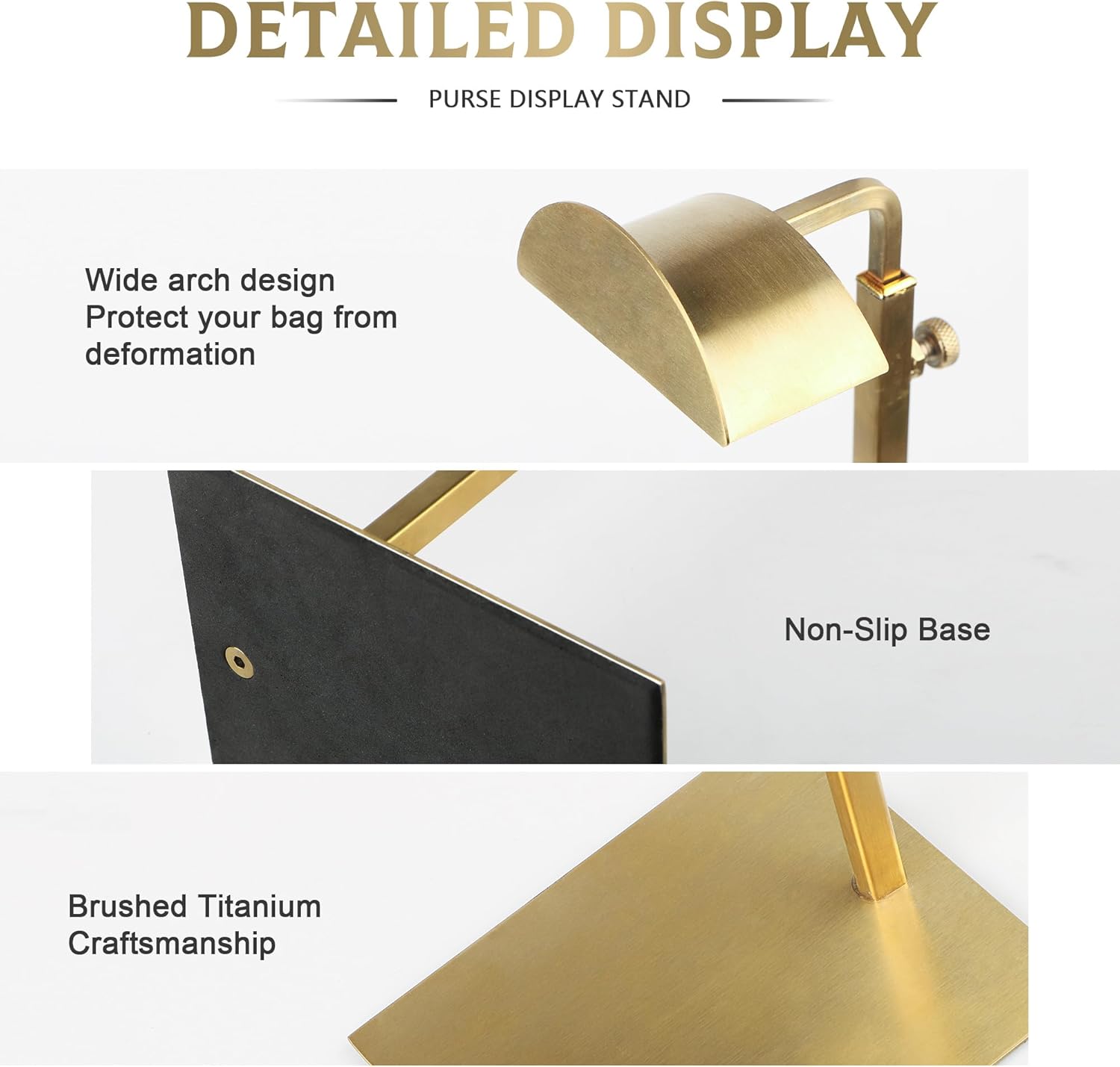 Purse Display Stand Adjustable Height Gold Purse Rack for Handbags Necklaces Scarves Hats & Headphones 14" - 24" Purse Hanger Shelf for Retail Display - Image 3