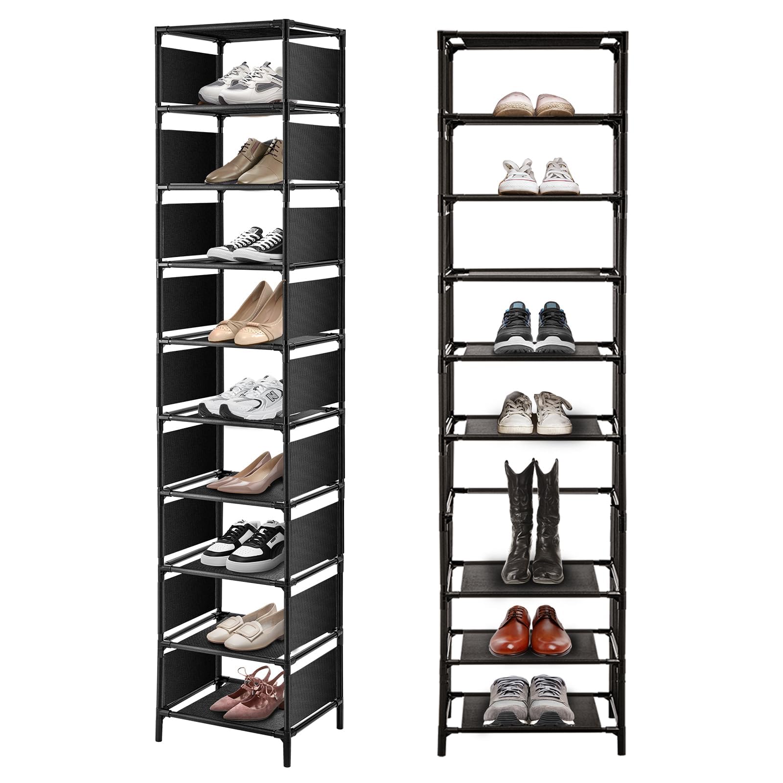 LN COZY CORNER Narrow Shoe Rack Stand 10 Tier Tall Shoes Cabinet Space Saving Hallway Shoe Storage Entryway Organizer Black Multi-Tier Shelf Stylish Display Rack for Home Living Room (2)