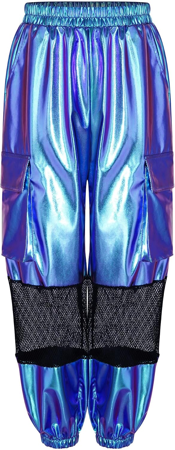 TiaoBug Kids Dance Jogger Pants Multi-Pocket Trousers Sparkly Sweatpants Mesh Patchwork Bottoms for Performance