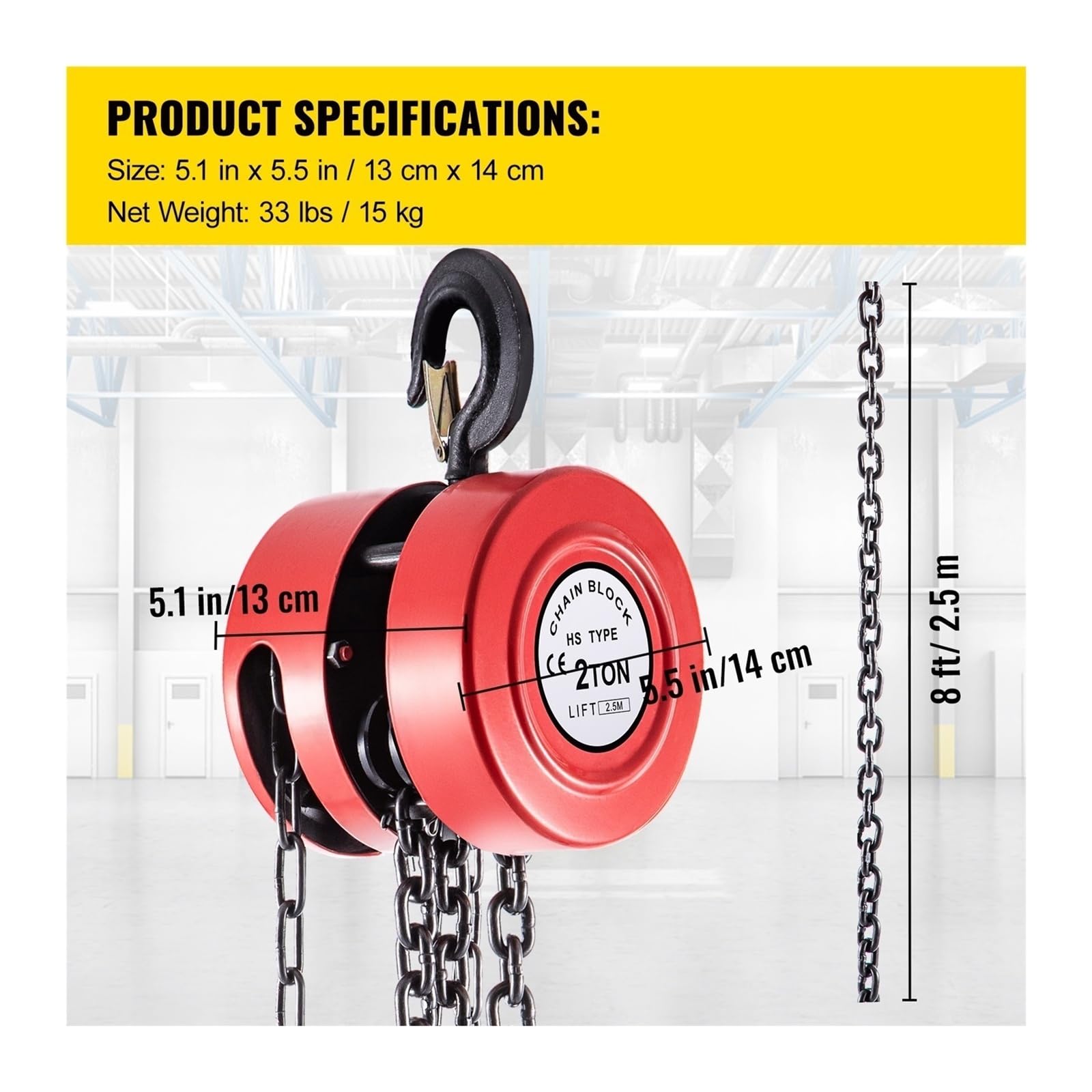 Paranco a Catena Blocco a Catena 1/2 tonnellata (2200/4400/6600 libbre) capacità 8/15 Piedi Altezza di Sollevamento Costruzione in Acciaio Rosso Giallo(Red 2Ton (8ft Lift))