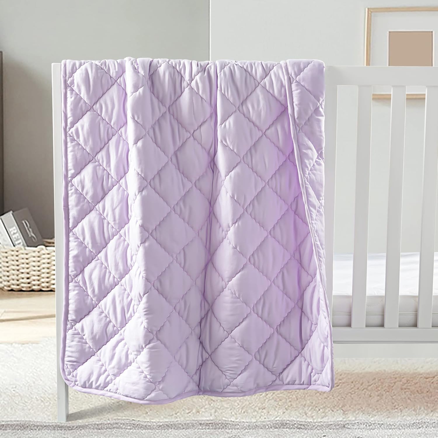 FLXXIE Down Alternative Toddler Comforter, Lightweight, Machine Washable and Warm Baby Crib Quilted Blanket for Stroller, Travel, 39x47 inches, Light Purple