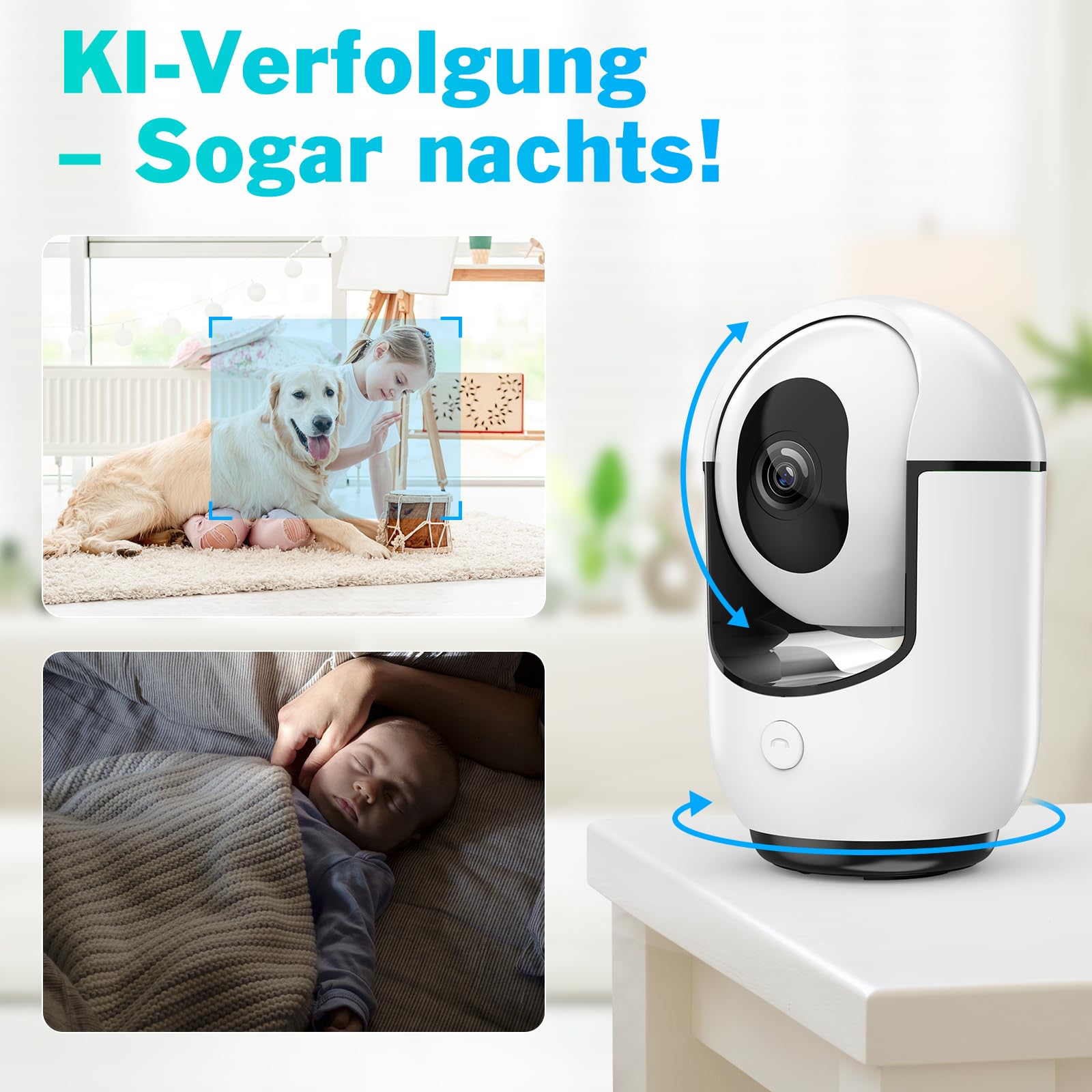 Inteligentna kamera do monitoringu 360° do użytku w pomieszczeniach, 1080p HD, noktowizor, kamera monitorująca wewnątrz z wykrywaniem ruchu PIR, dwukierunkowe audio, pamięć w chmurze / micro-SD