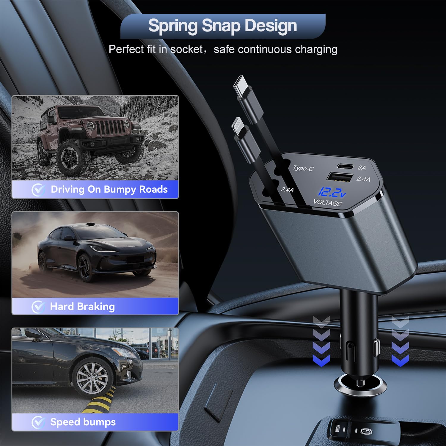 Cargador retráctil de coche para iPhone, cargador de coche 4 en 1 de 66 W, carga rápida, 2 cables retráctiles (PD y Lightning) y 2 puertos (USB C y USB A) para Apple Car Charging Cigarette Adapter