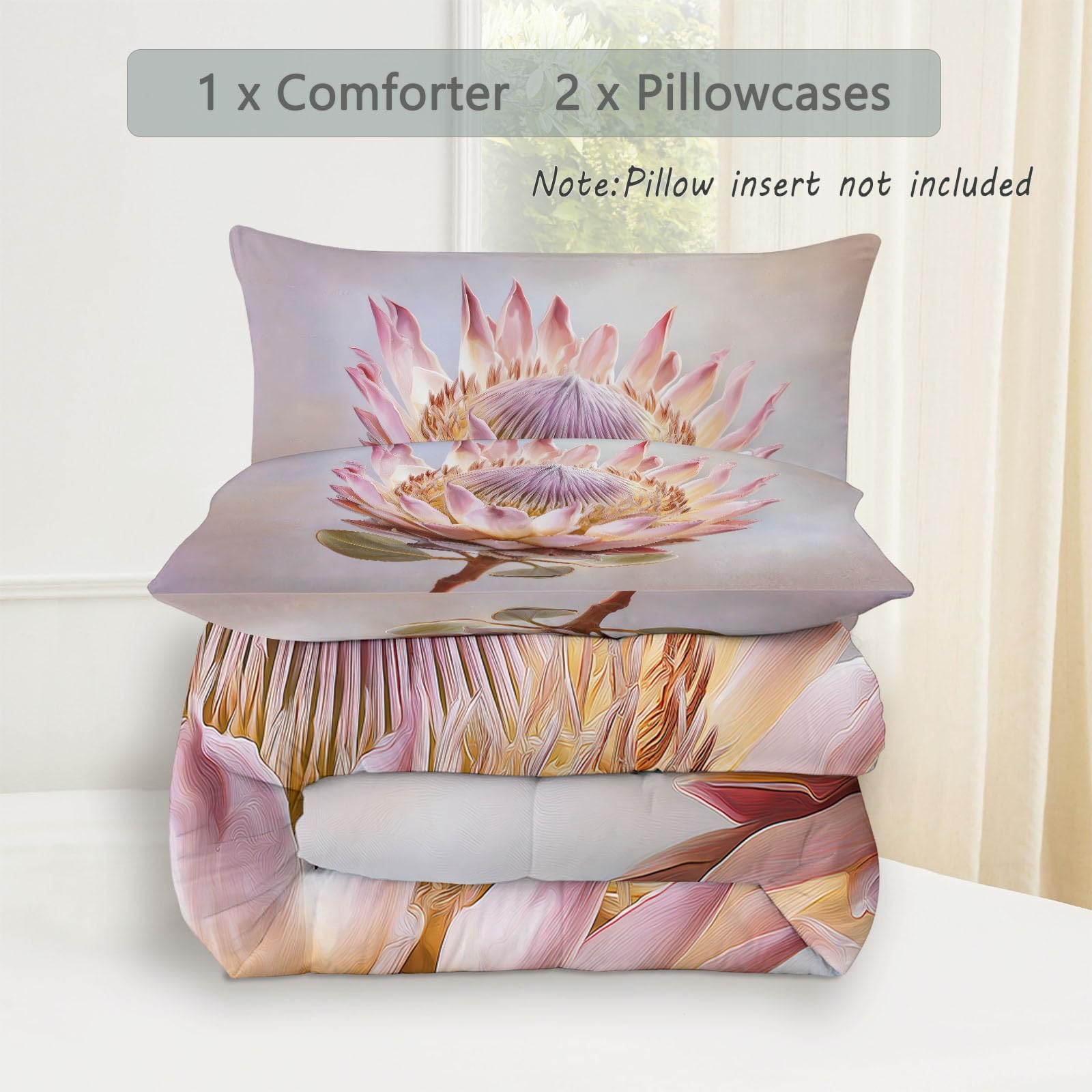 Générique Trapunta stampata 140 x 200 cm Pianta Fiori di Protea Reversibile Trapunta Acquarello Onirique 4 Stagioni - Grigio Trapunte trapuntate, Edredon Trapunte senza Houss e 2 federe 65 x 65 cm