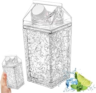 Milk Carton Water Bottles 14 Oz Double Walled Cooling Bottle with Refrigerant Materials Leakproof Clear Milk Carton Container Square Water Bottle for Outdoor Sports