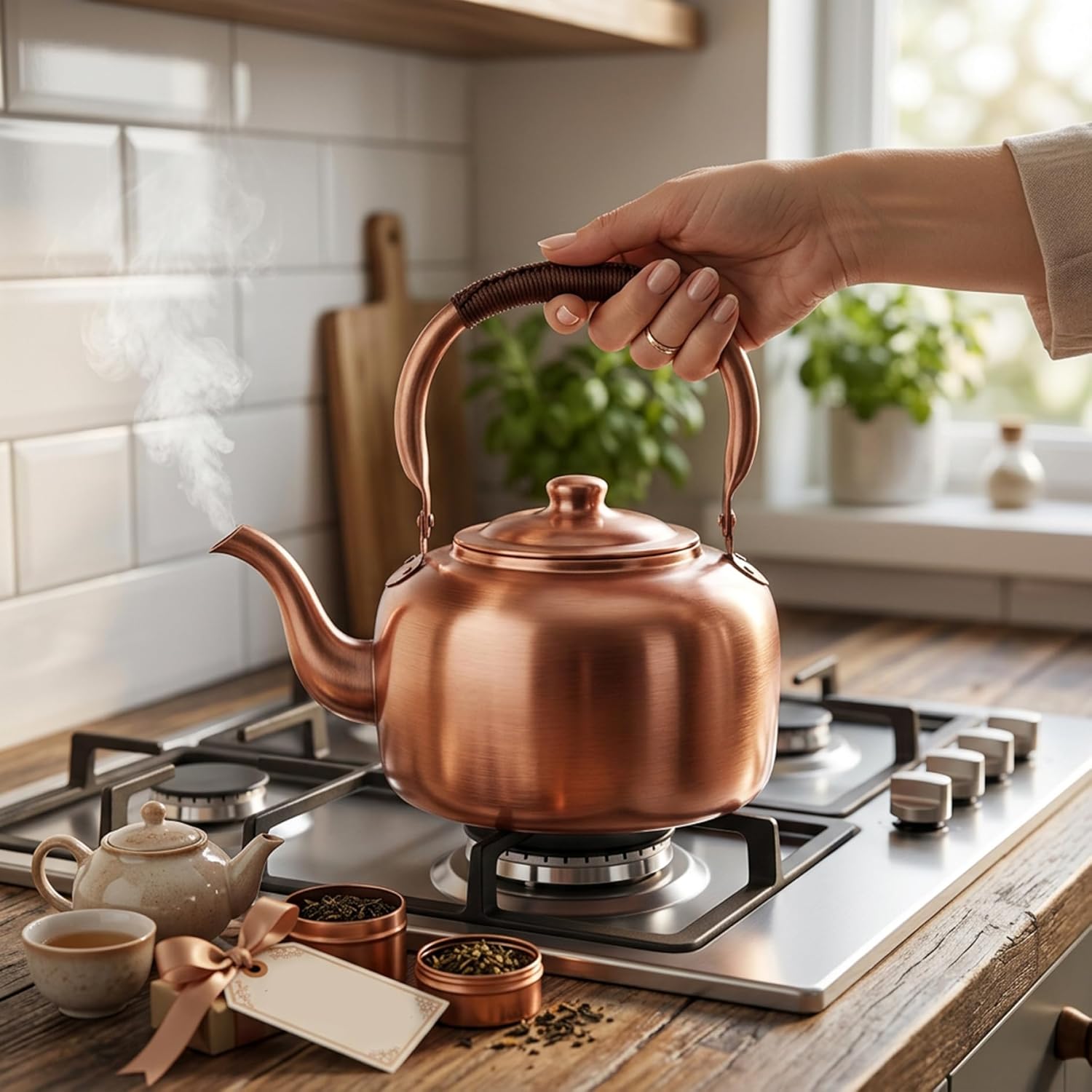 Copper Tea Kettle for Stove Top, 3L Whistling Kettle with Ergonomic Handle, Works on Induction, Gas & Electric Stoves, Vintage Tea Pot.