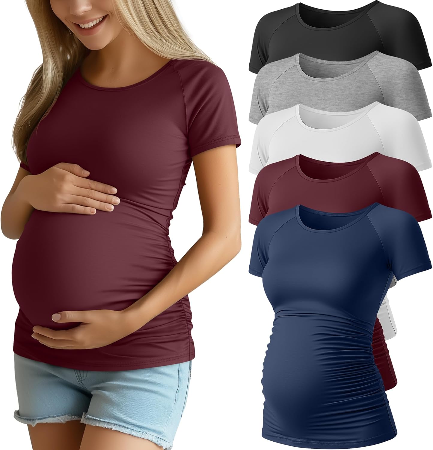 Ficerd 5 Pack Women's Maternity Shirts Short Sleeve Side Ruched Pregnancy Tops Raglan Tee Tunic Casual Mama Clothes