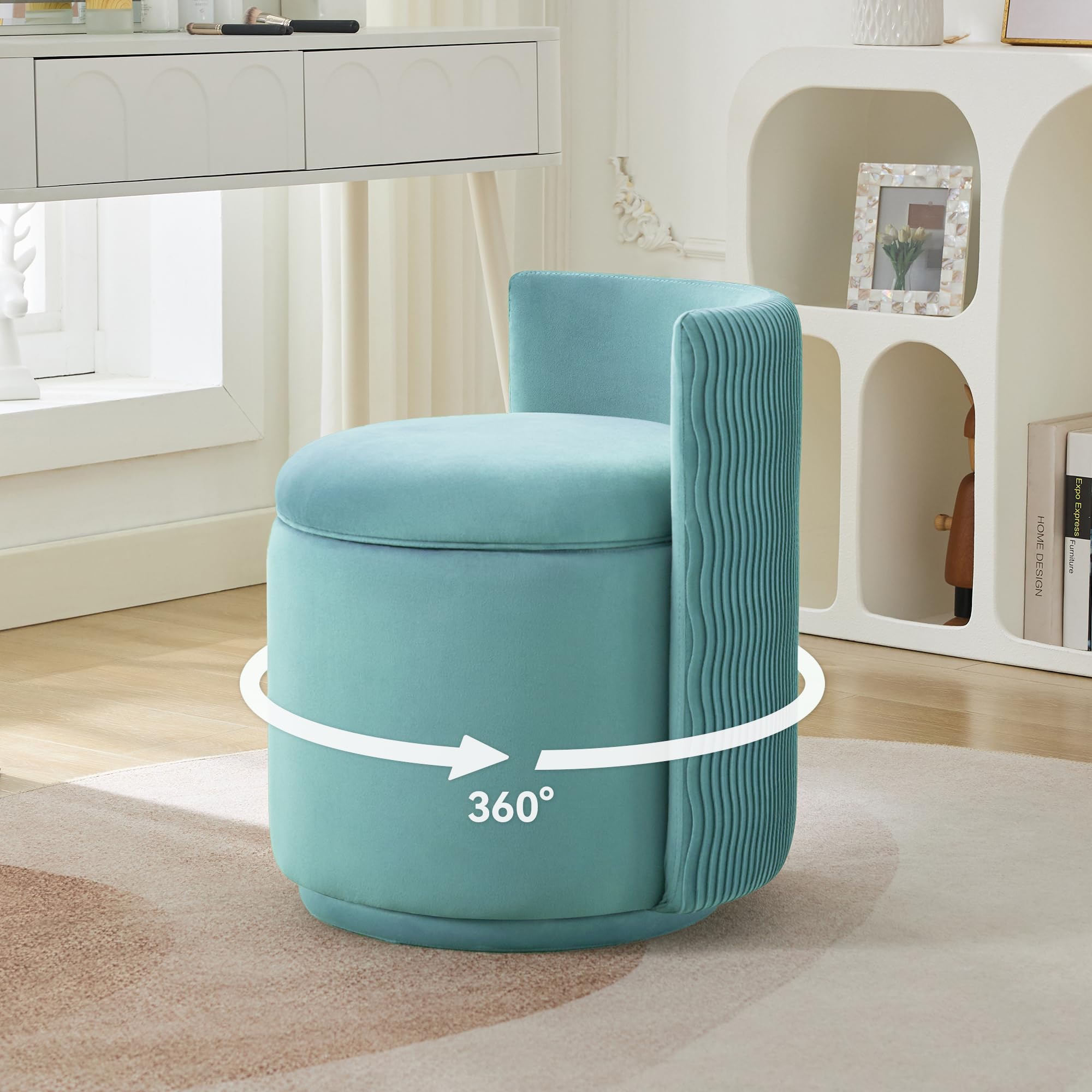 Velvet Vanity Chair with Storage, 360° Swivel Makeup Chair with Wave Back, No Assembly Small Accent Stool for Bedroom, Dressing, Living Room, Teal-image-29