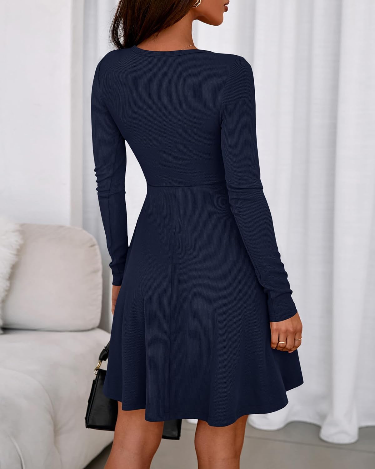 BTFBM Casual Fall Dresses for Women 2025 Long Sleeve Ribbed Button Down Empire Waist A Line Winter Wedding Guest Dress - Image 2