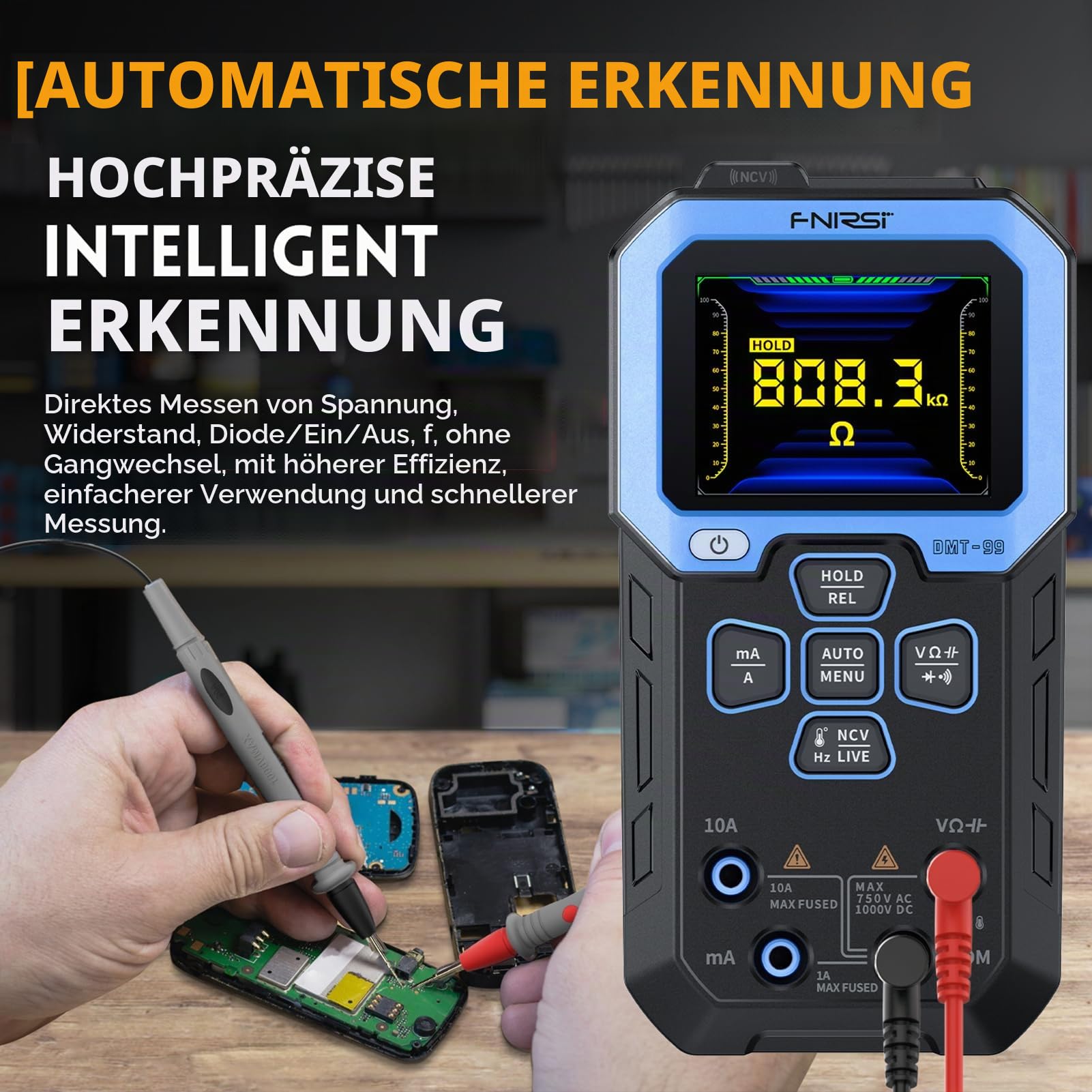 DMT-99 Multimeter Spannungsprüfer 2,4in TFT-HD-Farbbildschirm automatische Erkennung des Strommessgerät 10000 Zählungen, mit Überwachungs Aufzeichnungsmodus Intelligenter Schutz.