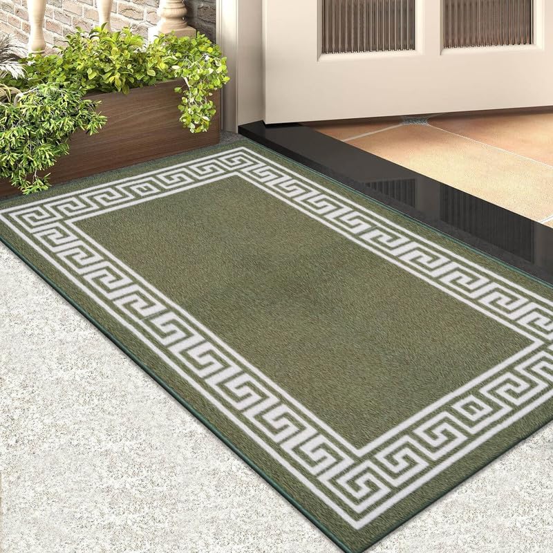 Trendy Realm Athena Door Mat – Non-Slip Washable Doormat, Heavy Duty Welcome Dirt Trapper, Water Absorbent Floor Mat for Indoor/Outdoor Use, Front Entrance, and Kitchen (Green & Cream, 50x80 cm)