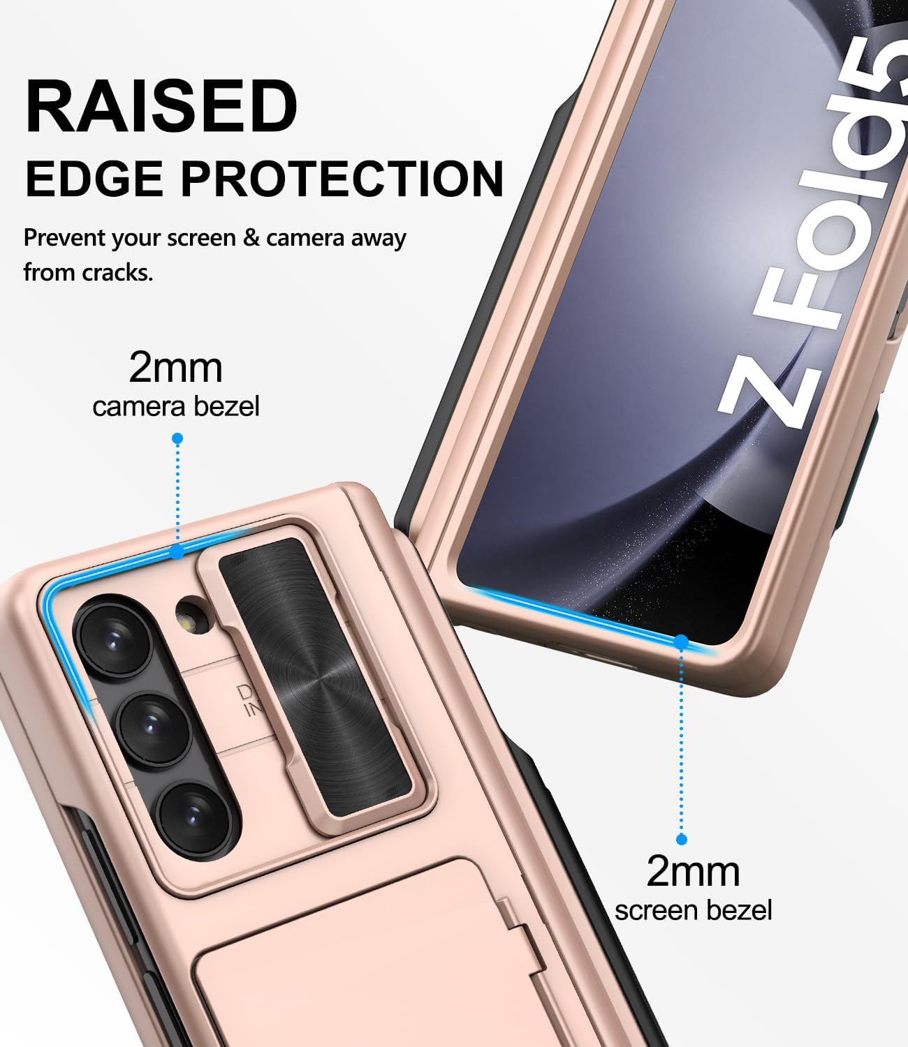 for Galaxy Z Fold 5 Case with Card Holder & Screen Protector & S Pen Holder & Slide Camera Cover & Hinge Protection, Shockproof Wallet Phone Case for Samsung Z Fold 5 2023, Rose Gold