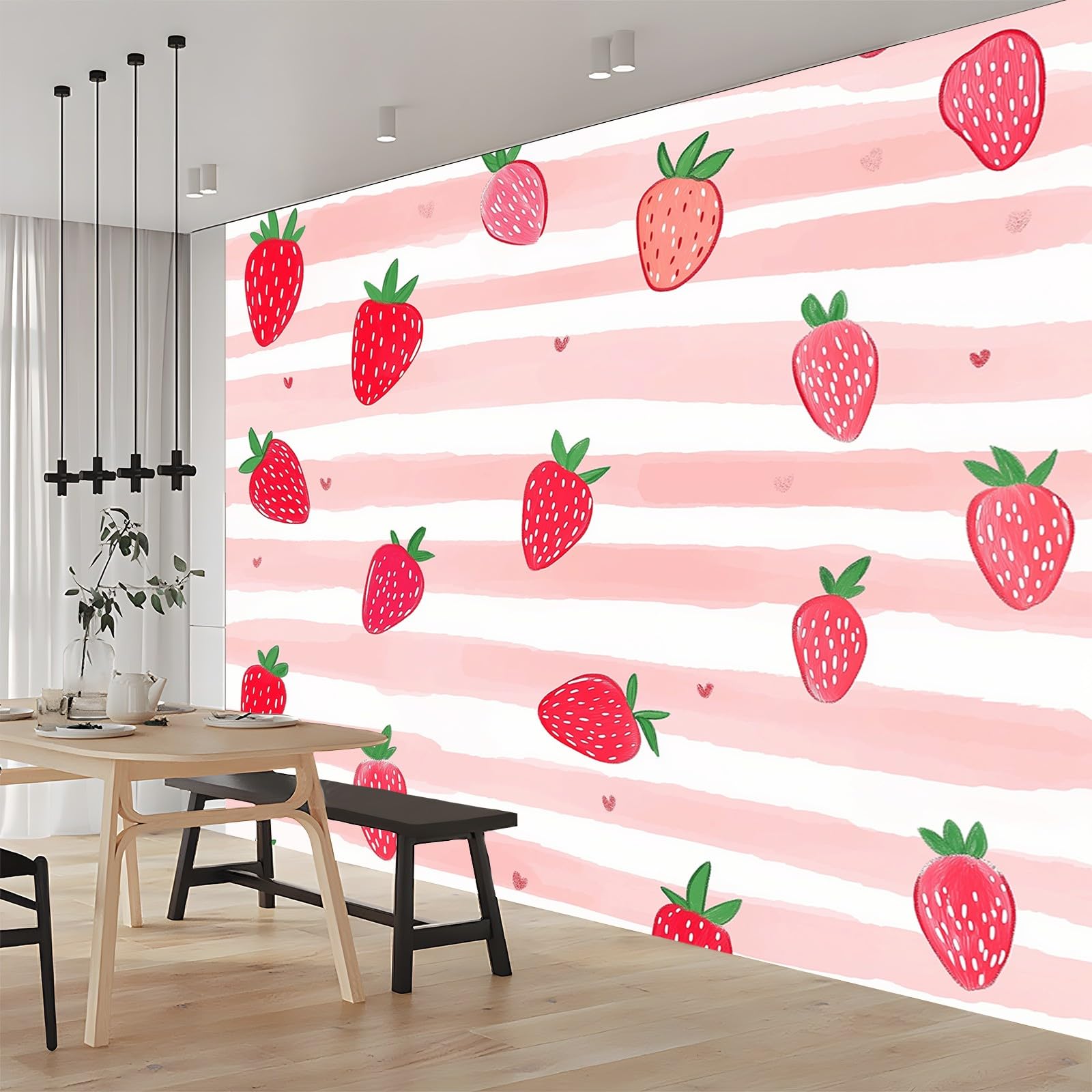 Panoramiczna tapeta kreskówka truskawkowe paski czerwona róża 200 x 140 cm (szer. x wys.), nowoczesna tapeta z włókniny do sypialni salonu biura spersonalizowana dekoracja ścienna restauracja pokój