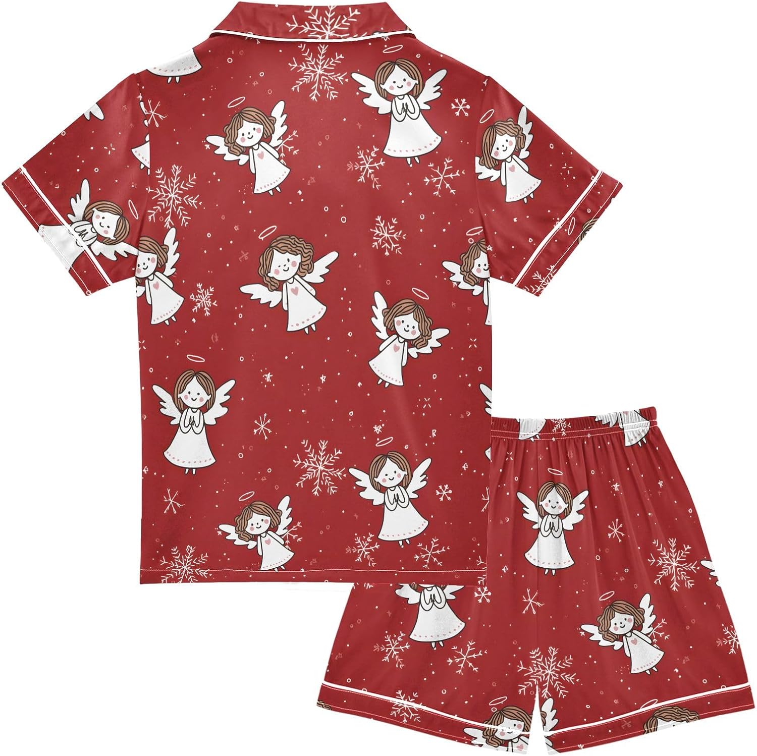 Kids Satin Wear Set Angel Snowflake Pattern Relaxed Fit Clothing Short Sleeve and Shorts