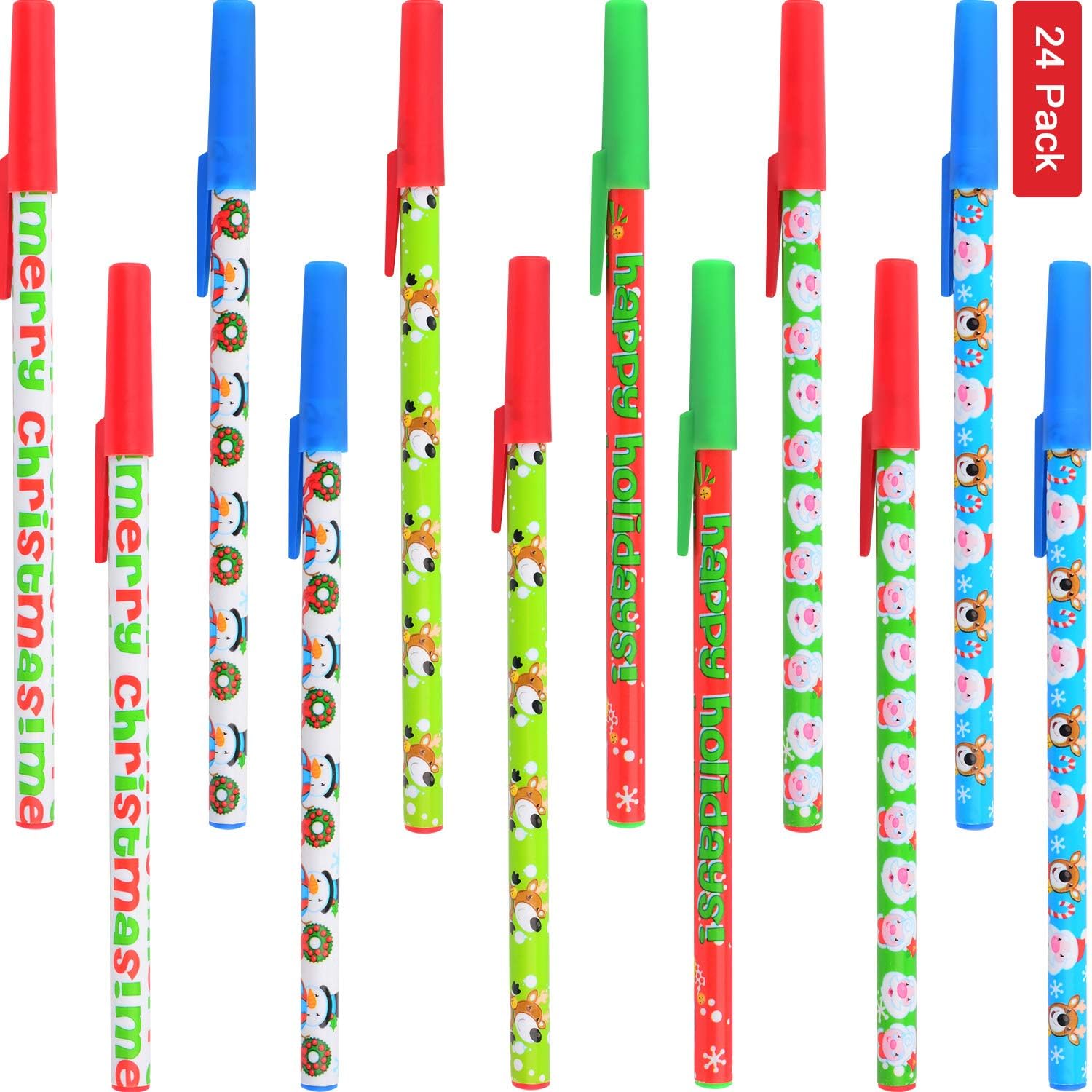 Sunshane 24 Pieces Christmas Stick Pens Set Holiday Ballpoint Pens for Christmas Home Decor Party Gift (Color Set 1)