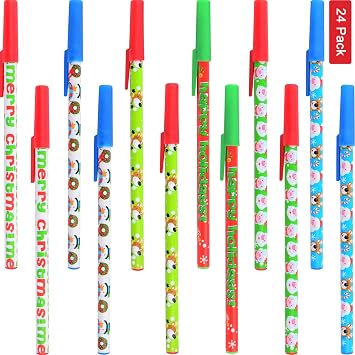 Sunshane 24 Pieces Christmas Stick Pens Set Holiday Ballpoint Pens for Christmas Home Decor Party Gift Color Set 1