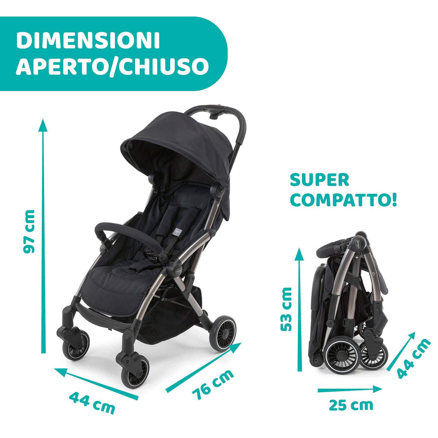 Chicco Cheerio Passeggino Leggero e Compatto da 0 mesi a 15kg (portata max 18kg), Passeggino Pieghevole, Posizione Nanna, Chiusura Automatica in 1 Gesto, Capotte Parasole e Parapioggia, Nero