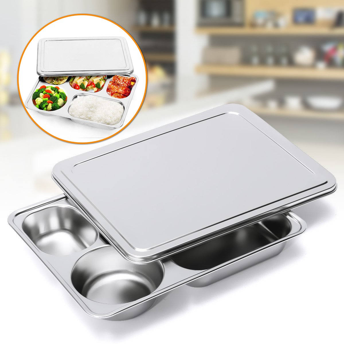 RanDal En Acier Inoxydable Alimentaire Service Plateau Cantine Cafétéria Divisé Lunch Box Bento Container Avec Couvercle