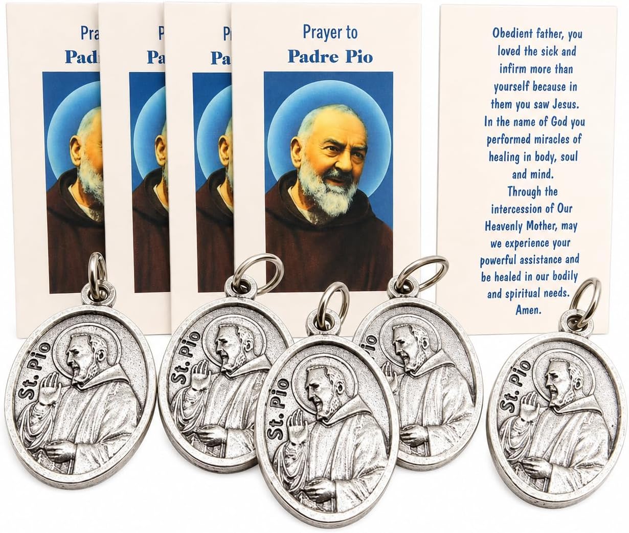 Padre Pio Medals and Holy Card Catholic Saint 5 Pack Each for Church Groups