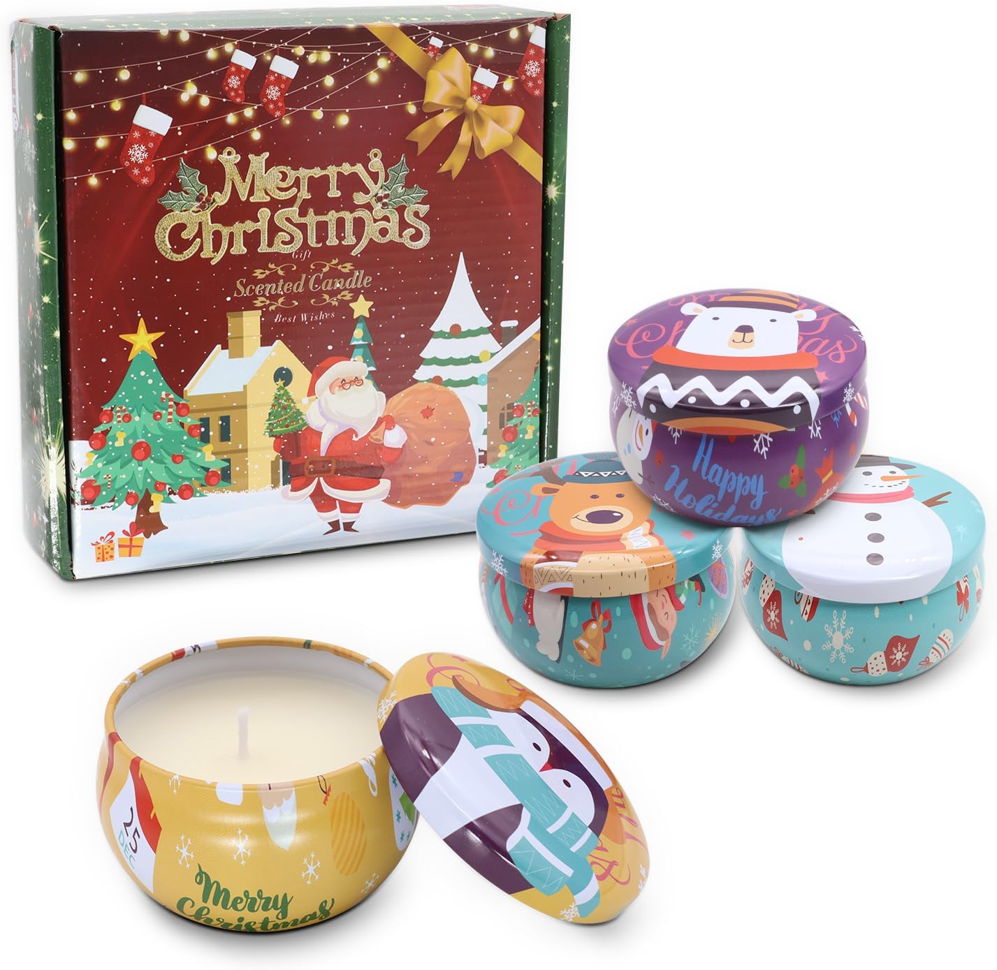Christmas Scented Candles Gifts Set, Natural Soy Wax Aromatherapy