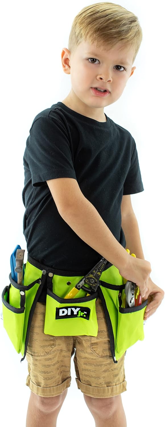 My First Tool Belt Green by DIYjr - Real Tool Belt for Kids Sturdy Tool Apron for Children Construction Childs Toolbelt Adjustable Boys and Girls Junior Carpenter Set