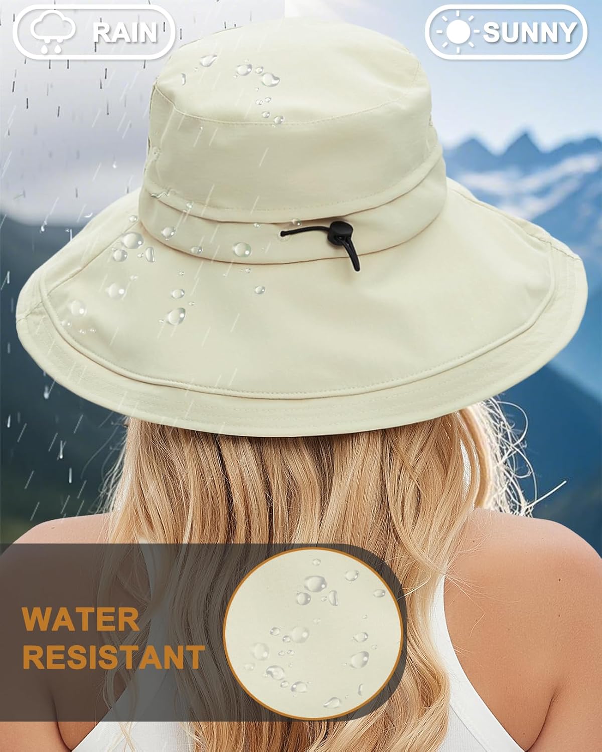 Sun Hats for Women, Wide Brim Waterproof Bucket Hat, Summer Beach Packable Ponytail Hat,UPF 50+ UV Protection - Image 4