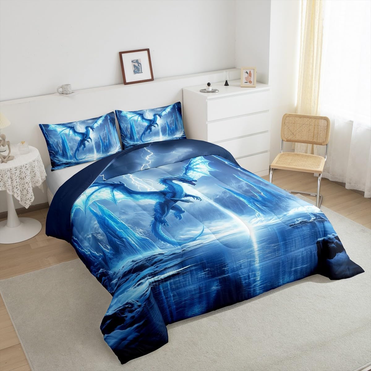 Manfei Dragon Comforter Set Queen Size,Mystic Western Animal Gothic Blue Bedding Set 3 Pcs for Teens Adults,3D Lightning Sky Antarctic Glaciers Ice Lake Down Comforter,2 Pillowcases