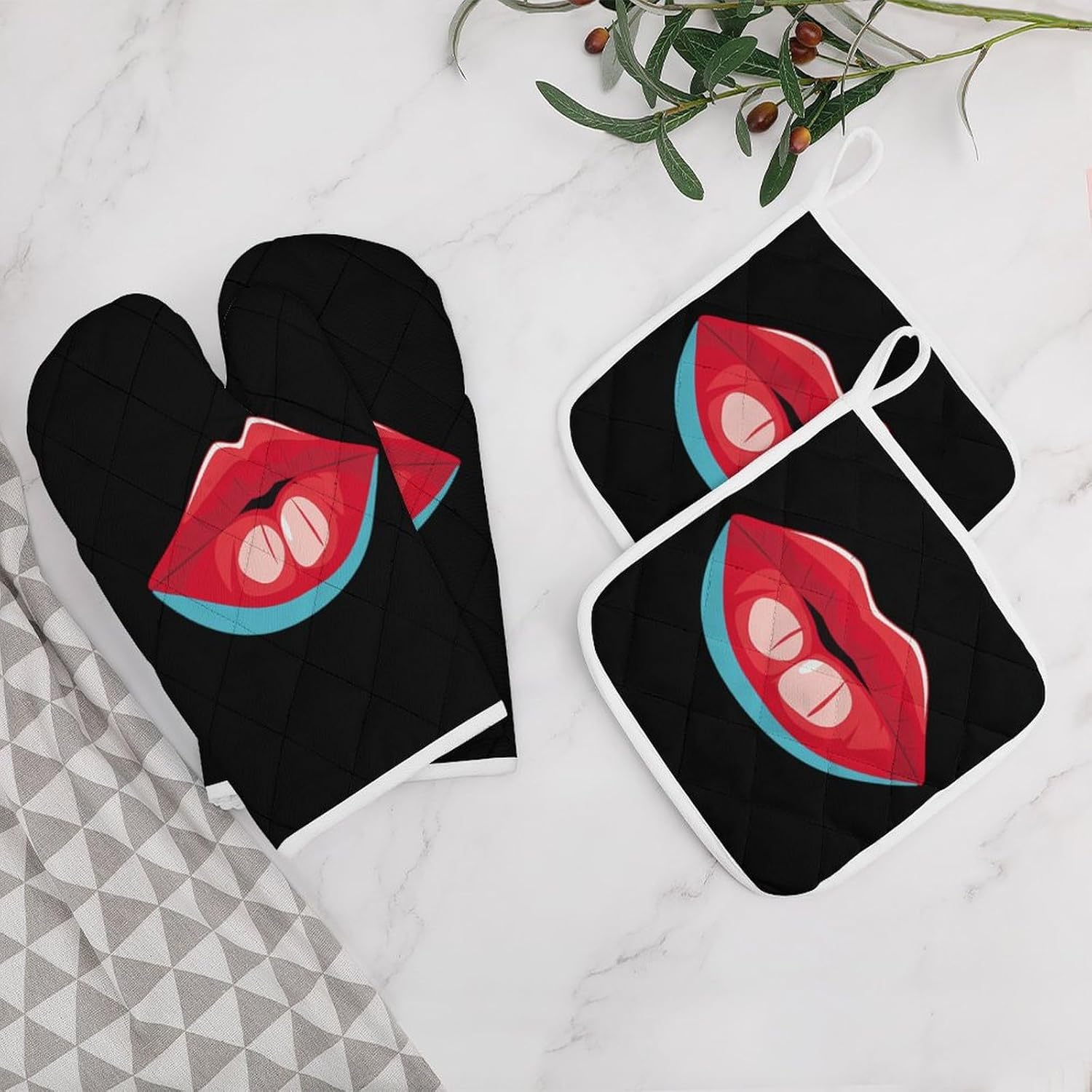 Red Lips 4 Pcs Oven Mitts and Pot Holders Set High Heat Resistant Long Kitchen Oven Glove Potholders