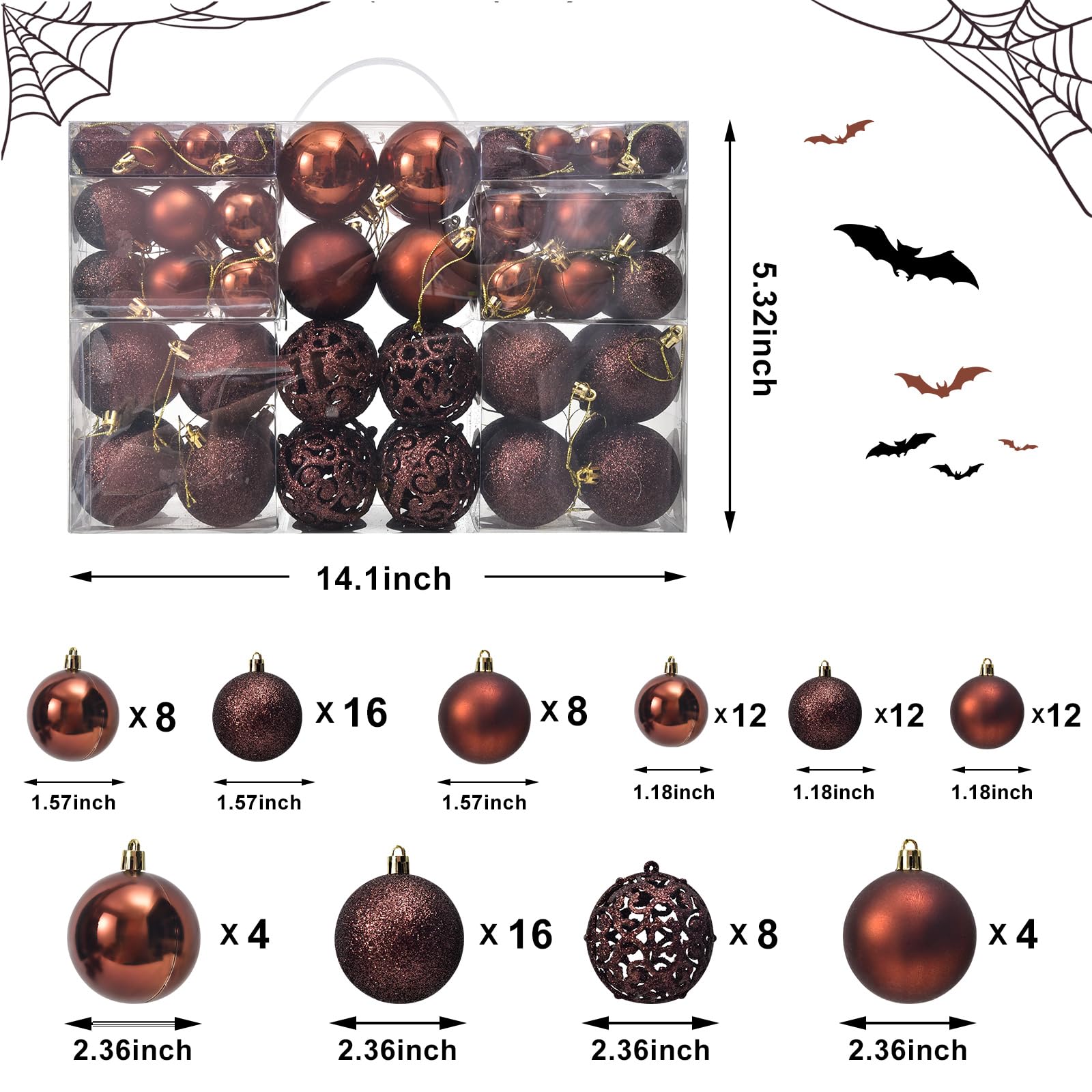 Phreewill 100Pack Christmas Balls Ornaments Set, Christmas Halloween Tree Ornament, Shatterproof Christmas Ball Decoration Hanging Tree Ornament Assortment Set Decor Holiday Wedding Partys (Brown)