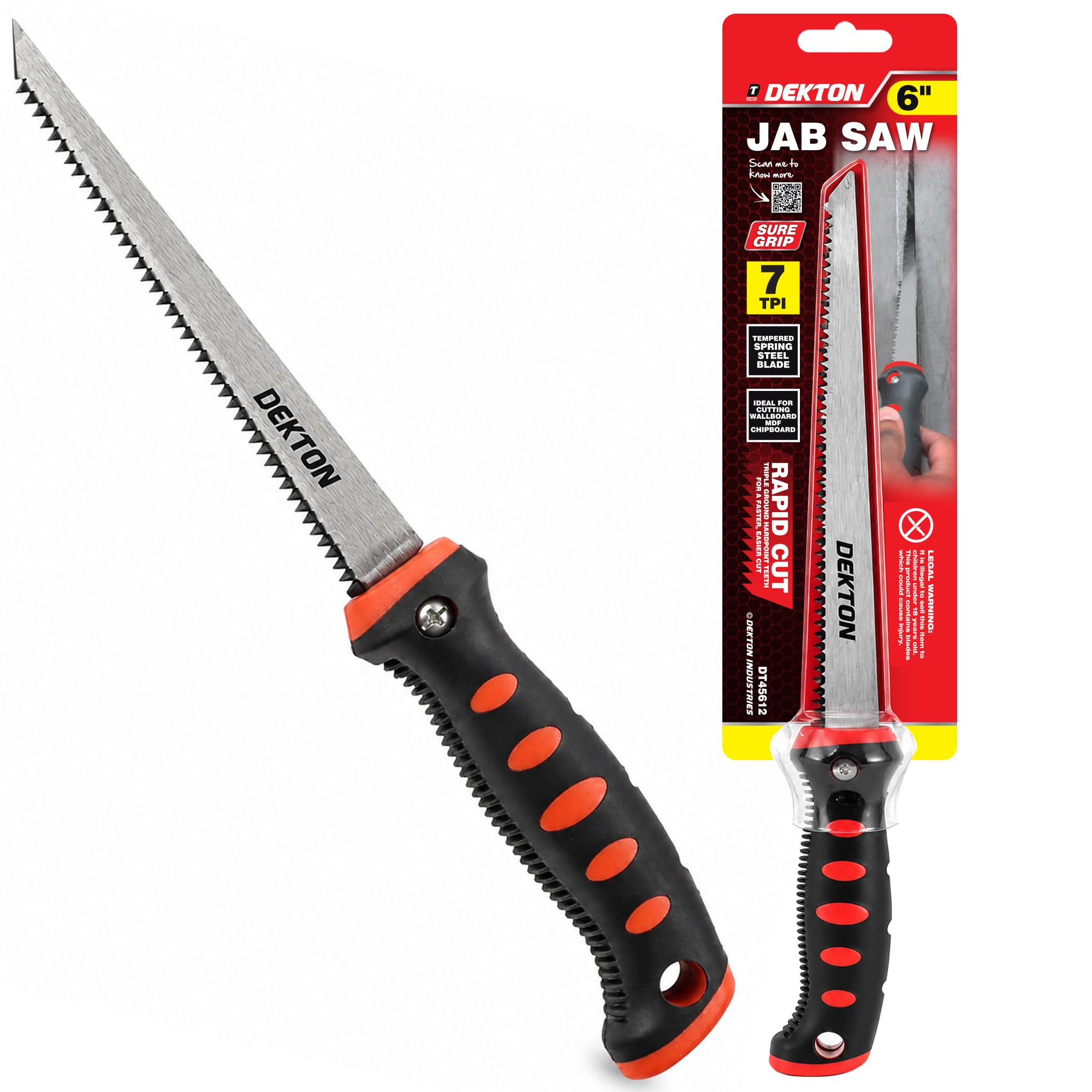 Dekton Jab Saw-Extra-Sharp Teeth and Pointed End for Piercing Plasterboard| Ideal for Fitting Sockets & Down Lights| Large, Comfortable, Soft Grip Handle| Excellent for Wood, Plastic, Drywall Cutting