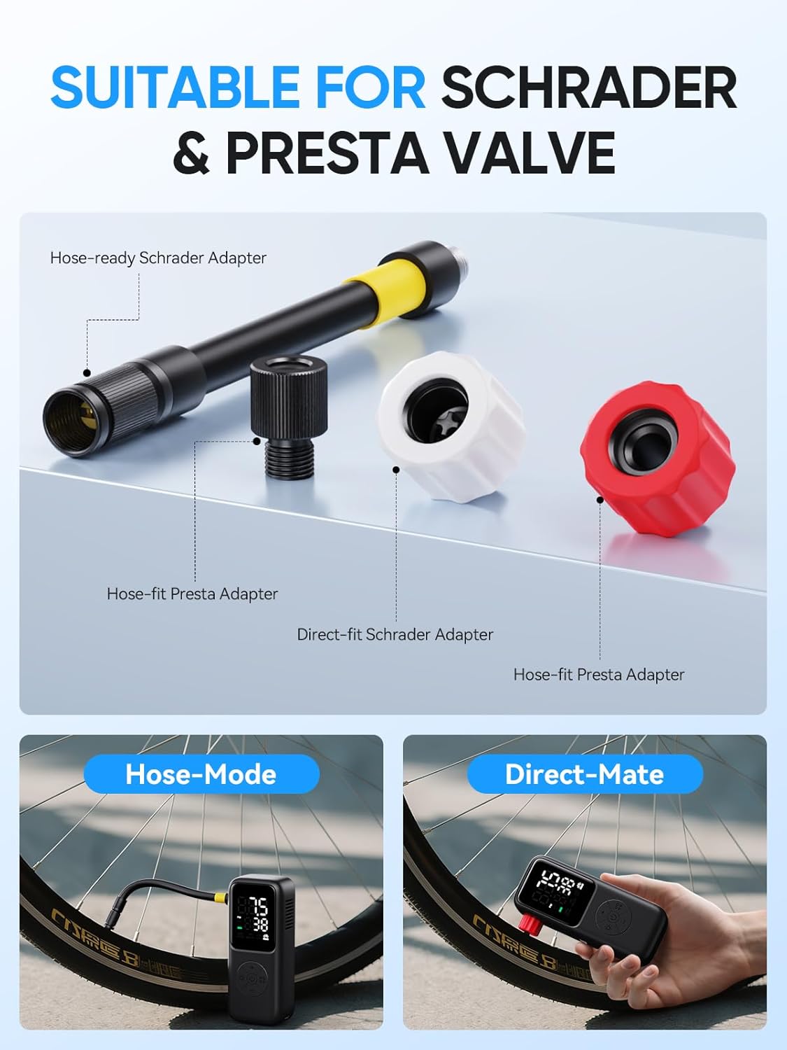 Mini Electric Bike Pump,120 PSI Bike Pump Portable with Guage Auto Stop, Bicycle Pump with Presta and Schrader, Bike Tire Pump Valve for Road Bicycle, Mountain Bike, E-Bike,Sports Ball - Image 5