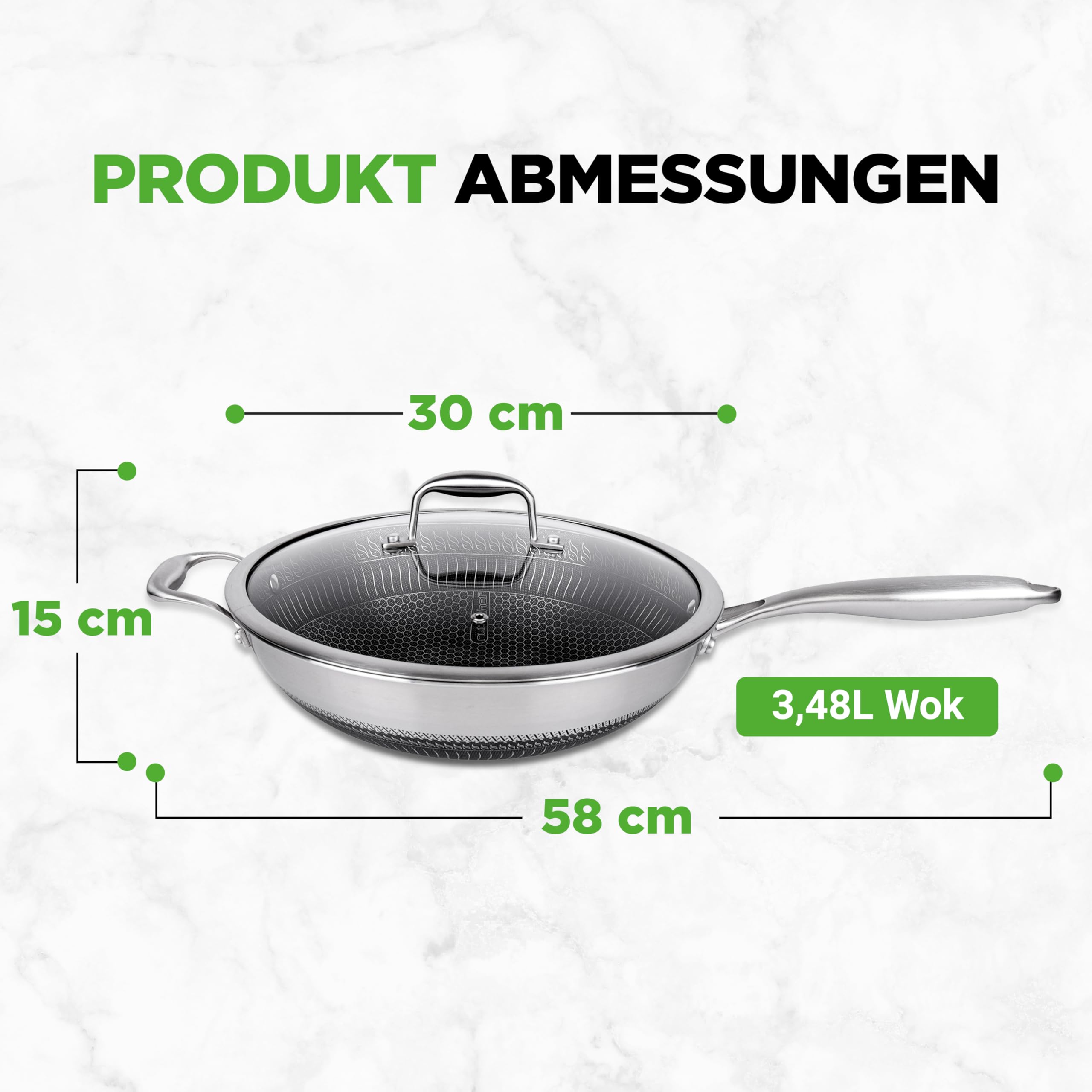 NutriChe Woklpfanne 31 cm mit Deckel – Antihaft pfanne Induktion Kratzfest spülmaschinengeeignet ofenfest und für Metallutensilien geeignet, Silver