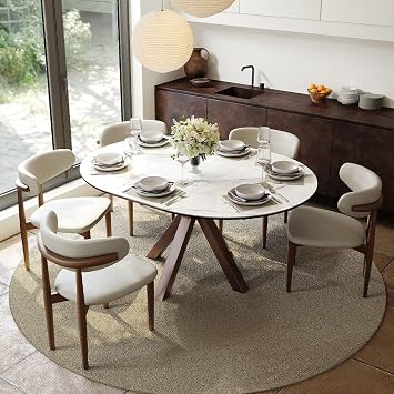 POVISON Modern Extendable Dining Table, 47" to 63" Round to Oval Sintered Stone Kitchen Table with Carbon Steel Pedestal Base for 4-6, White with BronzeTable Only