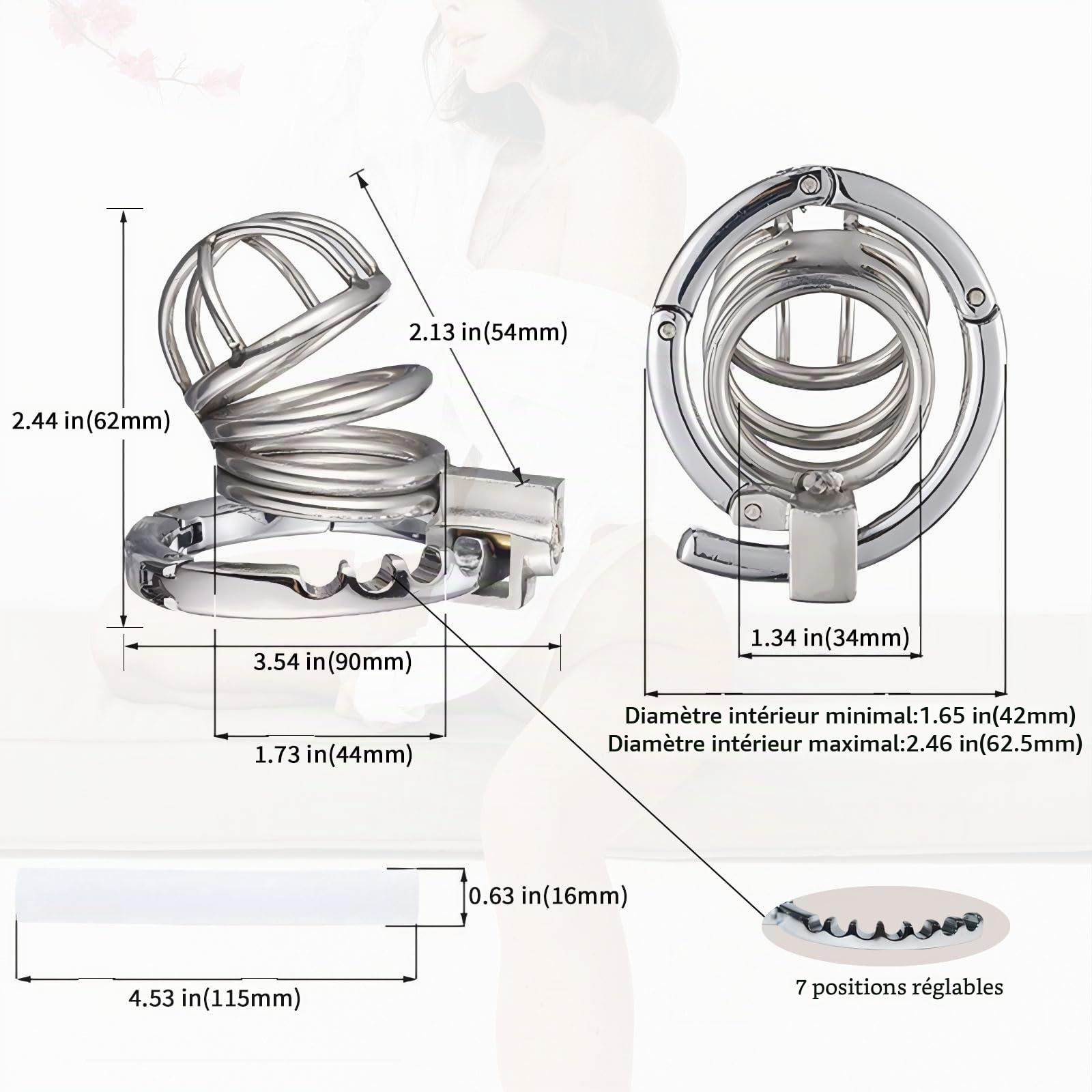 Cage de Chasteté en Métal Les Anneaux de La Cage à Pénis est Réglable en 7 Tailles (Diamètre : 42 mm ~ 62.5 mm) Chastity Cage pour Les Jouets Sexuels Masculins pour L'attachement du Pénis (Fretwork)