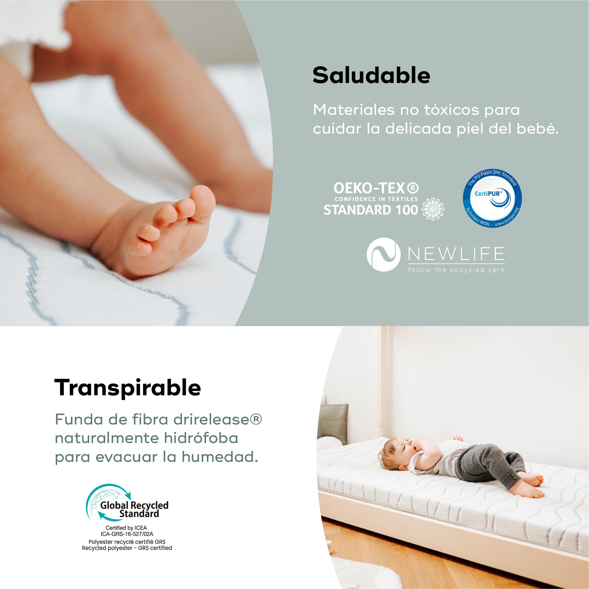 Babymoov Colchón de bebé Cosy’Lite ergonómico 60x120cm -Confort y sujeción óptima para la Columna Vertebral y una Cabeza Redondeada -Espuma de Alta Densidad 10 m -Fabricado en Portugal -Desenfundable