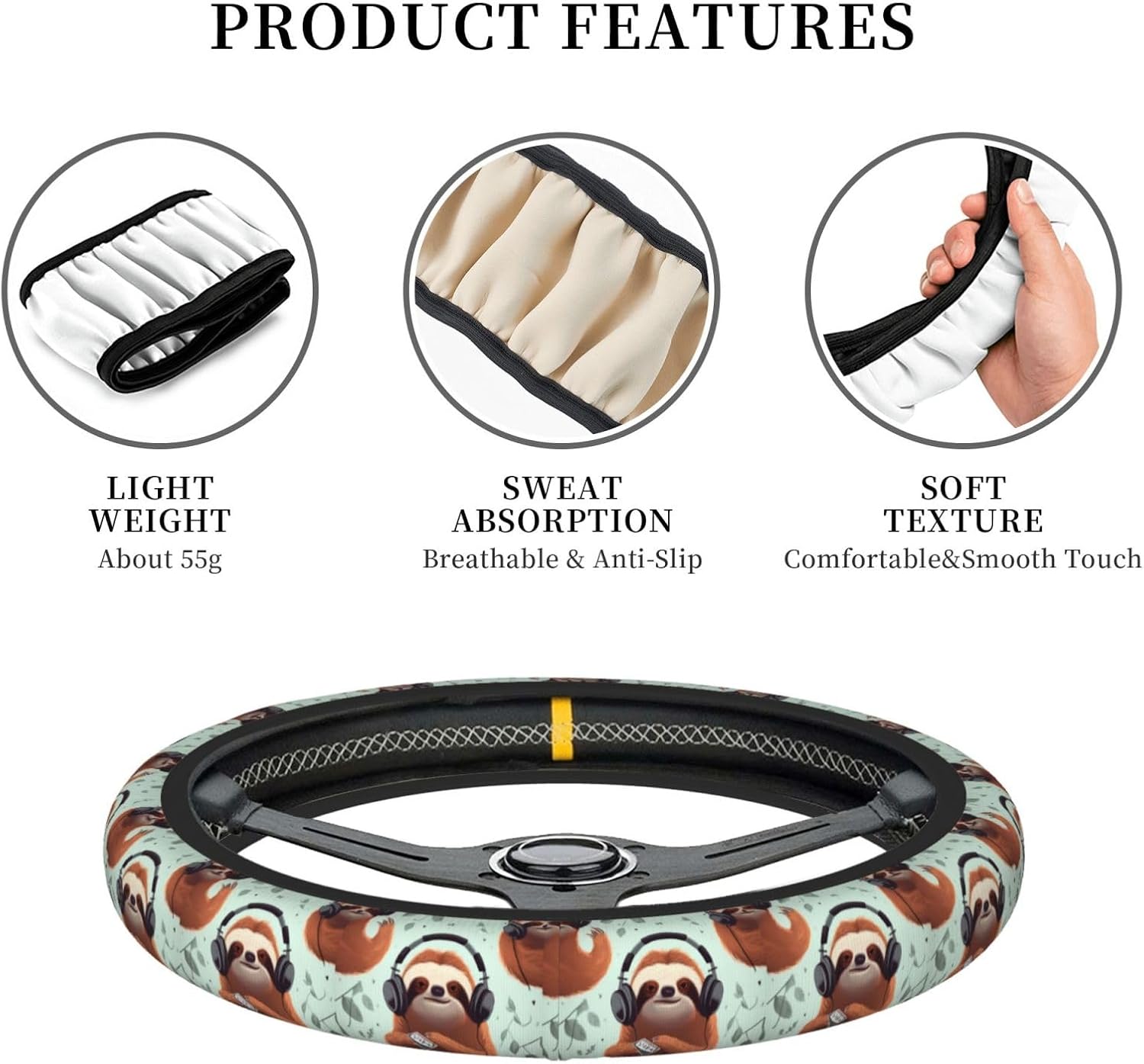 Elastic Steering Wheel Cover 15 inch Comfy Breathable Steering Wheel Protector Funny Cute Animal Sloth Music Car Wheel Covers Universal Car Interior Decor Accessories for Women Men image 5