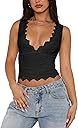 REORIA Womens Sexy V-Neck Sleeveless Double Lined Going Out Y2K Trendy Lace Cropped Tank Tops